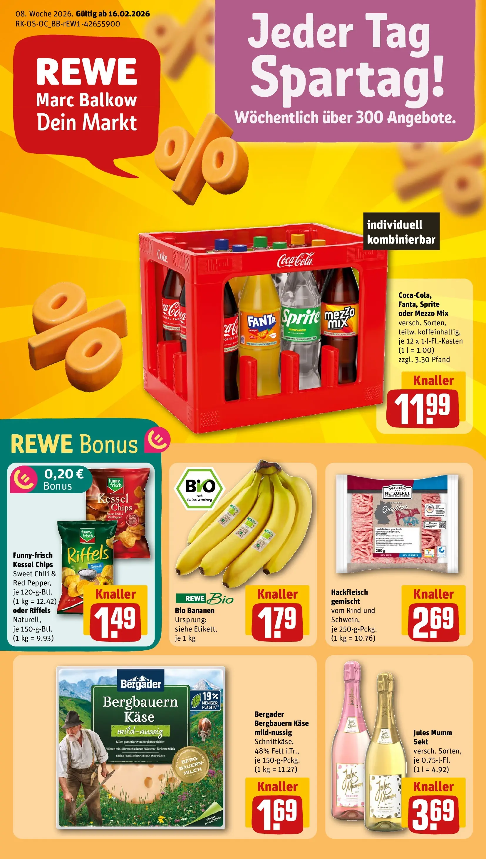 REWE Prospekt ab 16.02.2026 zum Blättern » Angebote | Seite: 1 | Produkte: Mezzo mix, Käse, Funny frisch, Chips