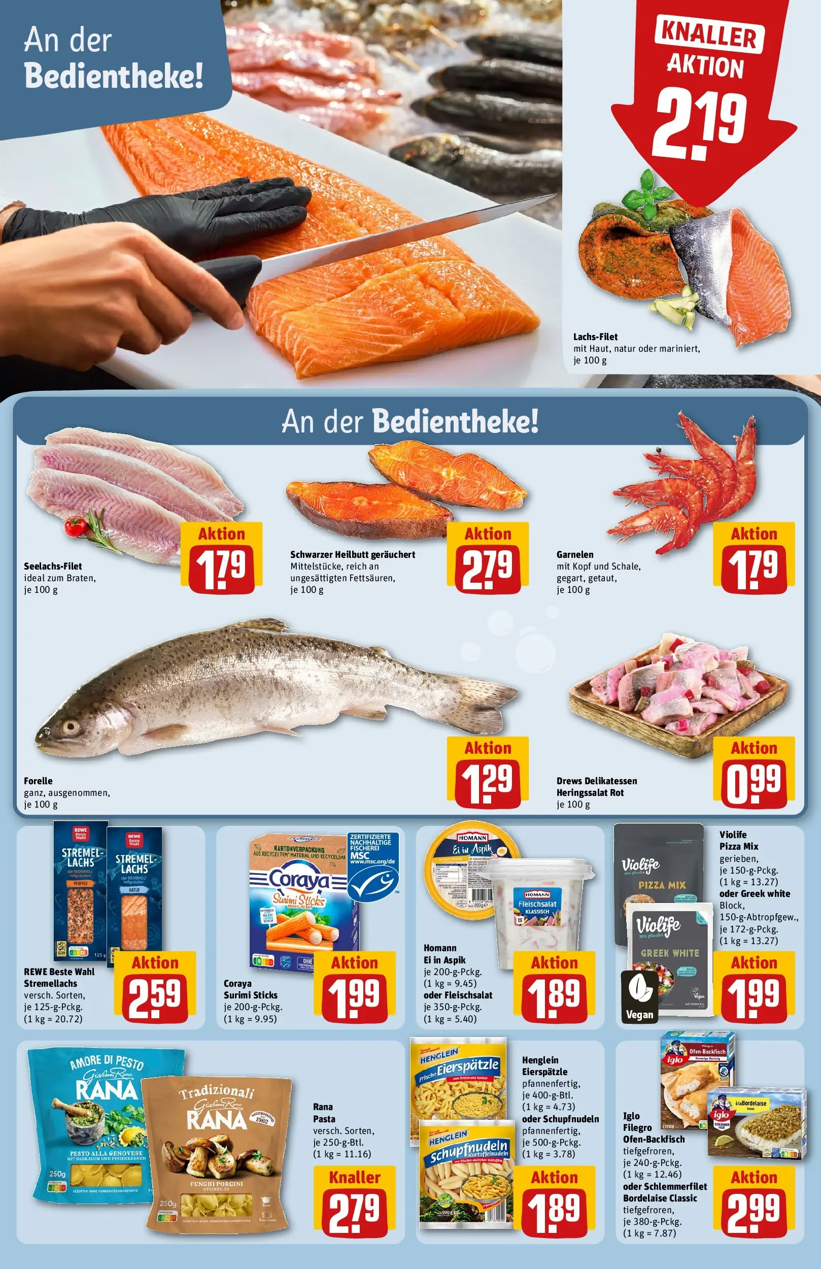 REWE Prospekt ab 16.02.2026 zum Blättern » Angebote | Seite: 16 | Produkte: Garnelen, Lachs, Pasta, Pizza
