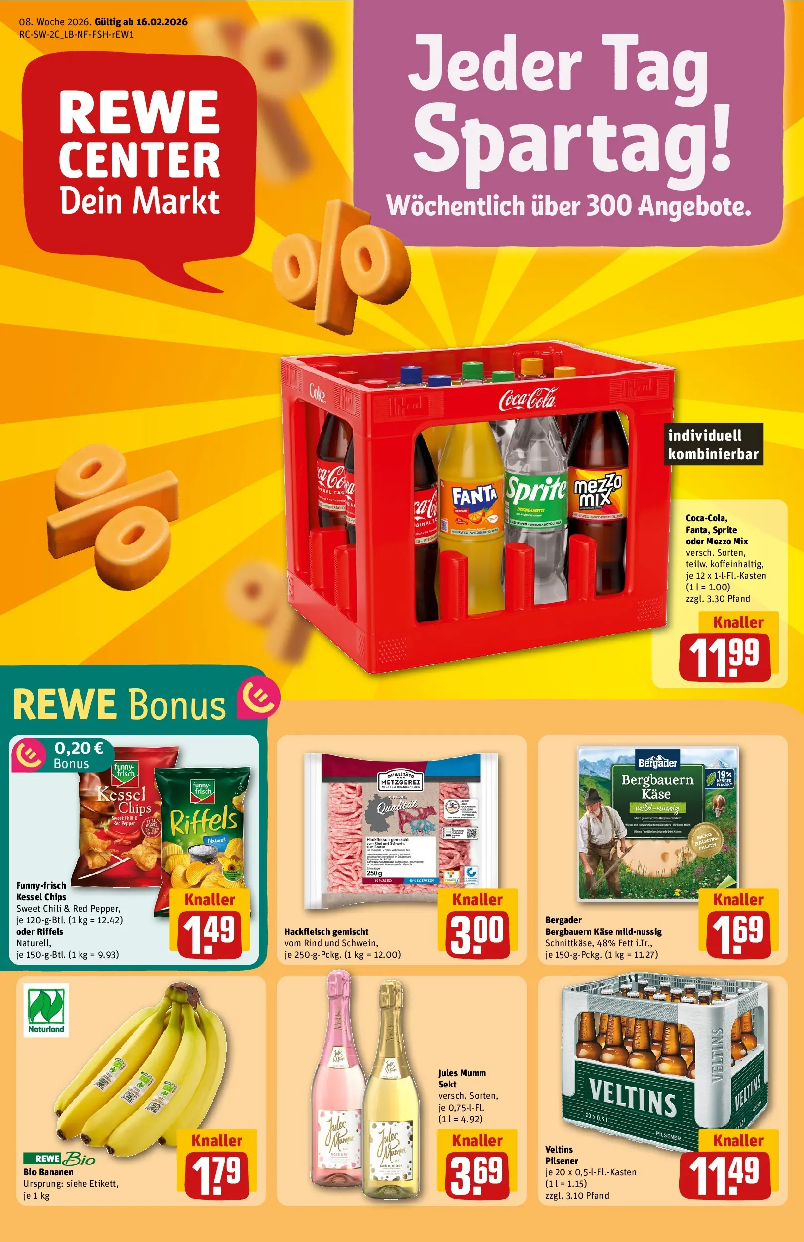 REWE Prospekt ab 16.02.2026 zum Blättern » Angebote | Seite: 1 | Produkte: Mumm sekt, Funny frisch, Chips, Hackfleisch
