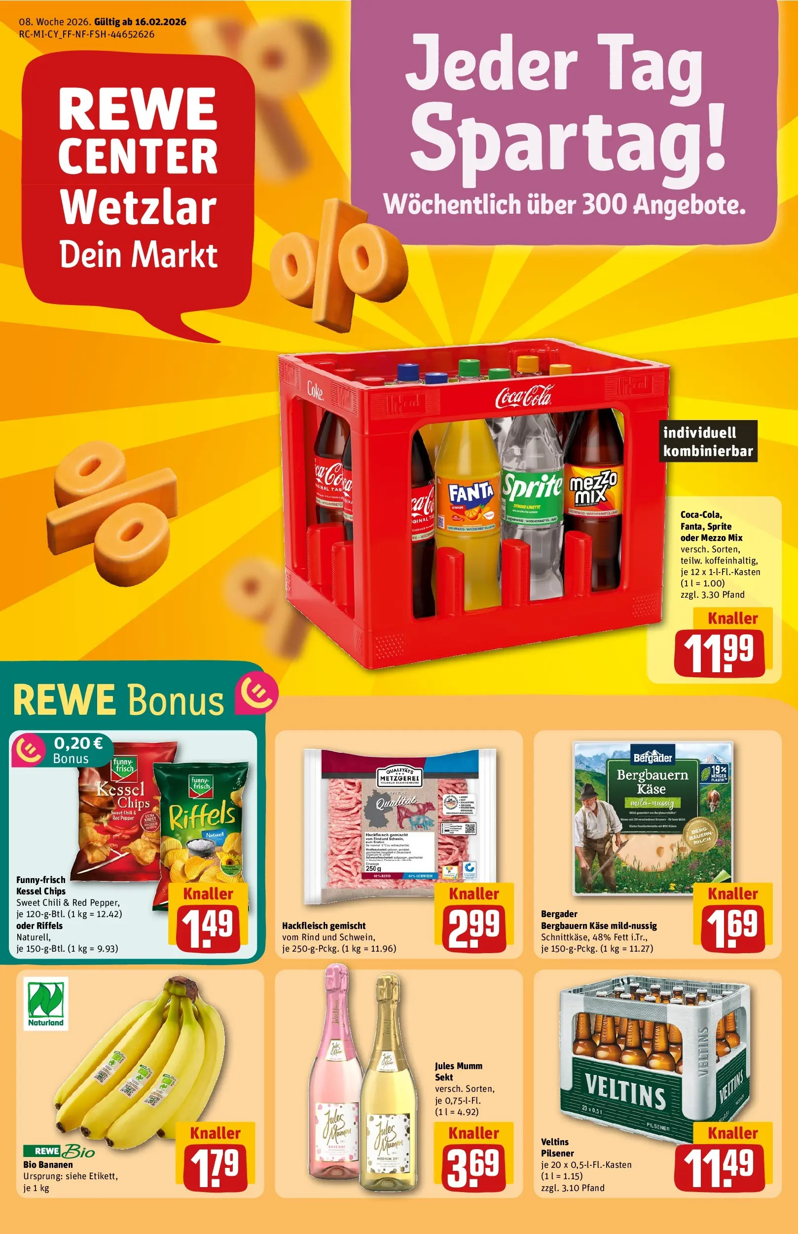 REWE Prospekt ab 16.02.2026 zum Blättern » Angebote | Seite: 1 | Produkte: Mumm sekt, Sprite, Käse, Hackfleisch