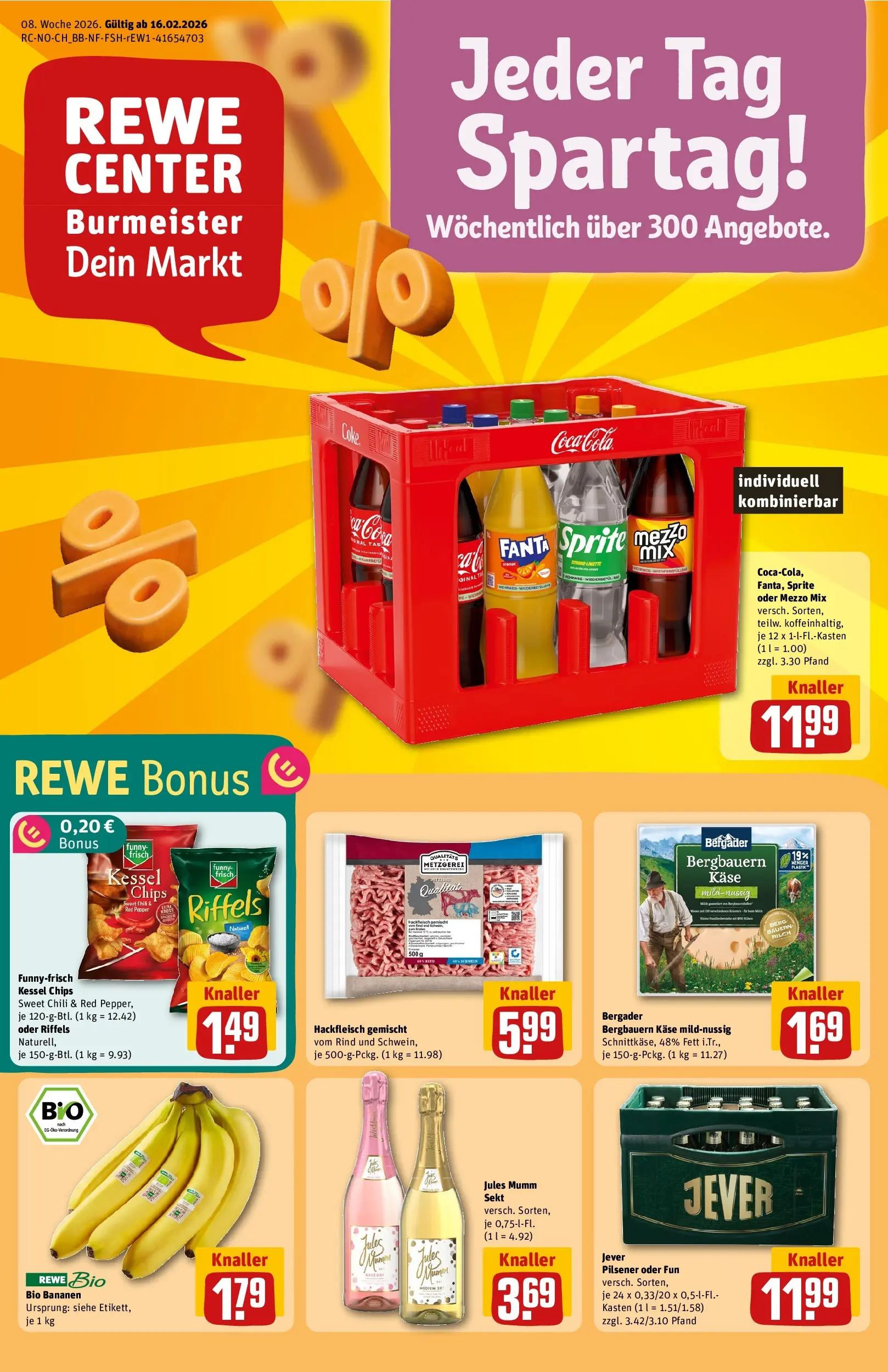 REWE Prospekt ab 16.02.2026 zum Blättern » Angebote | Seite: 1 | Produkte: Mumm sekt, Fanta, Bananen, Chips