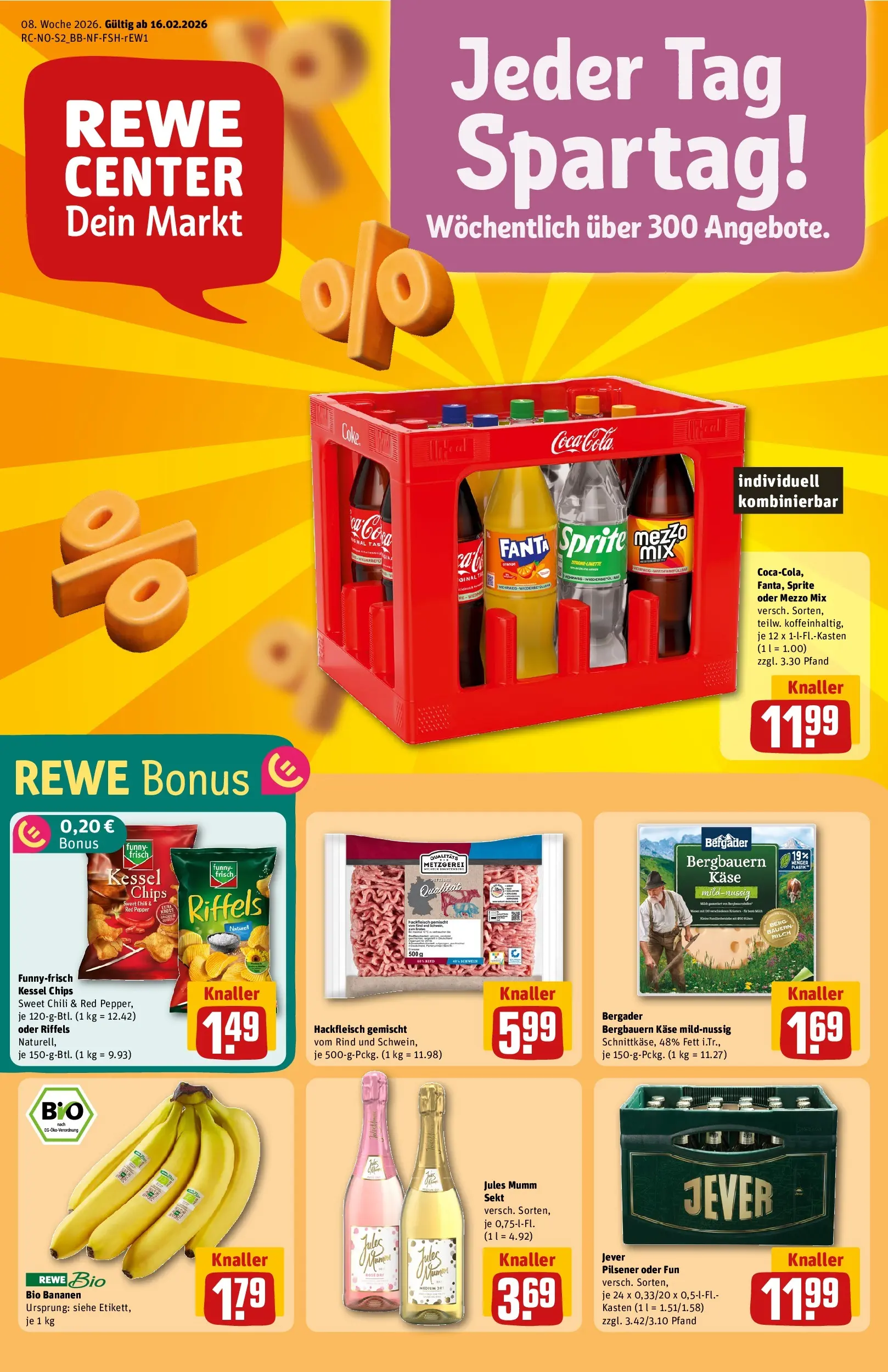 REWE Prospekt ab 16.02.2026 zum Blättern » Angebote | Seite: 1 | Produkte: Jever, Oder mezzo mix, Chips, Hackfleisch