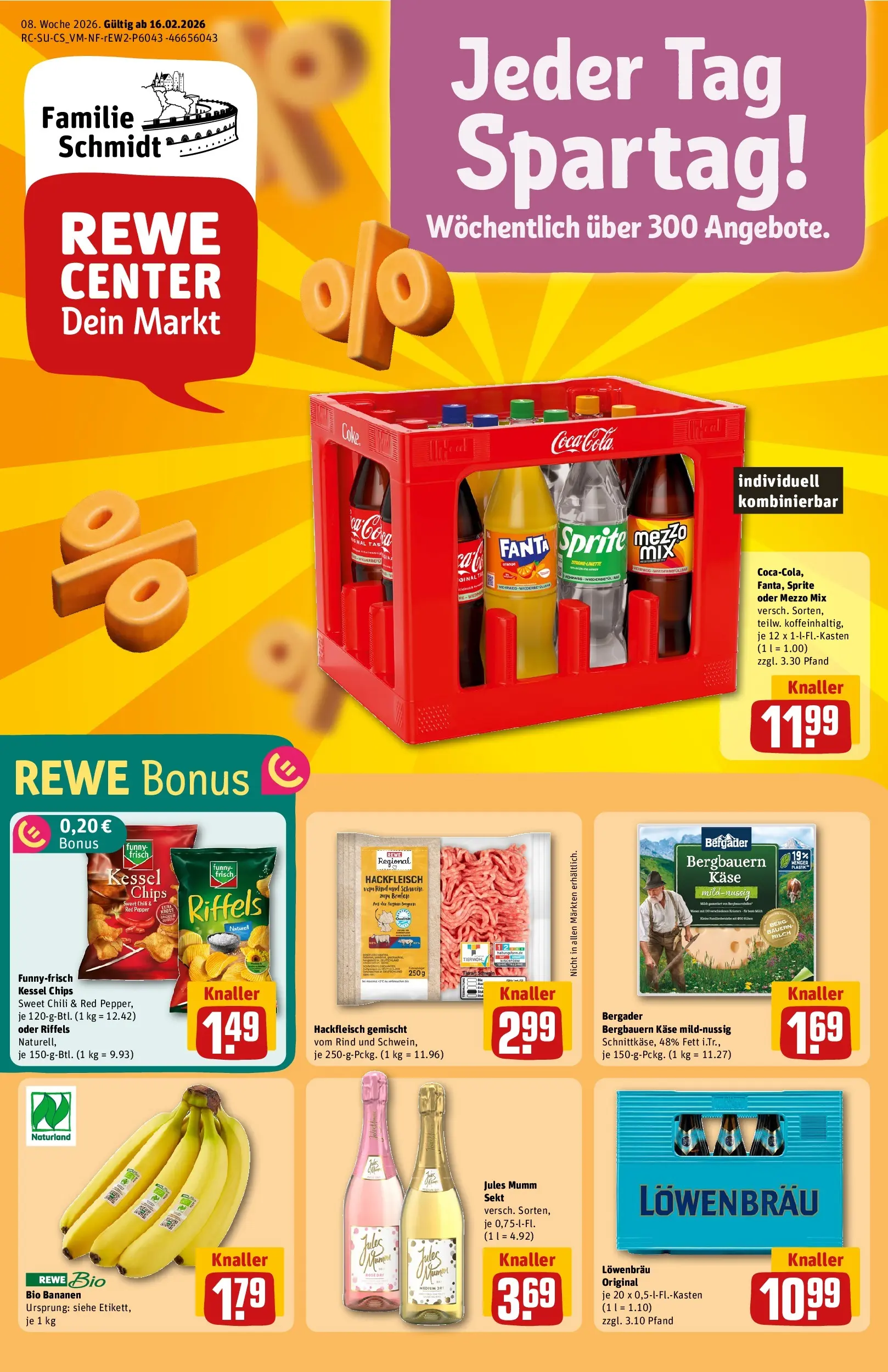 REWE Prospekt ab 16.02.2026 zum Blättern » Angebote | Seite: 1 | Produkte: Mumm sekt, Fanta, Käse, Bananen