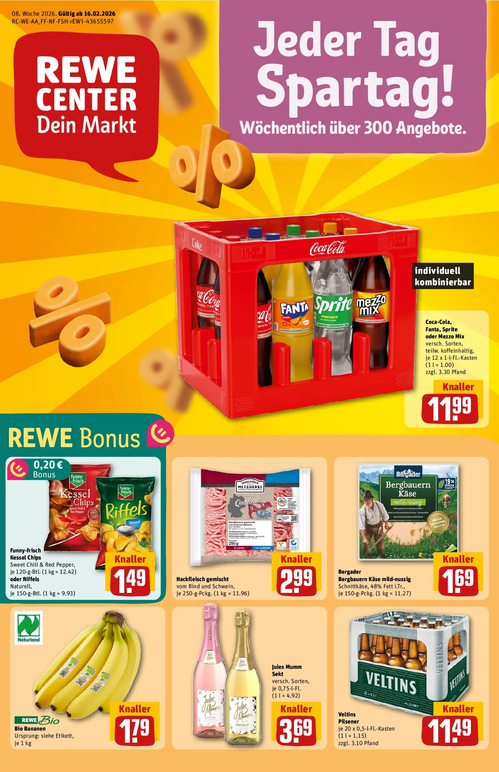 REWE Prospekt ab 16.02.2026 zum Blättern » Angebote | Seite: 1 | Produkte: Coca cola, Sekt, Bananen, Chili