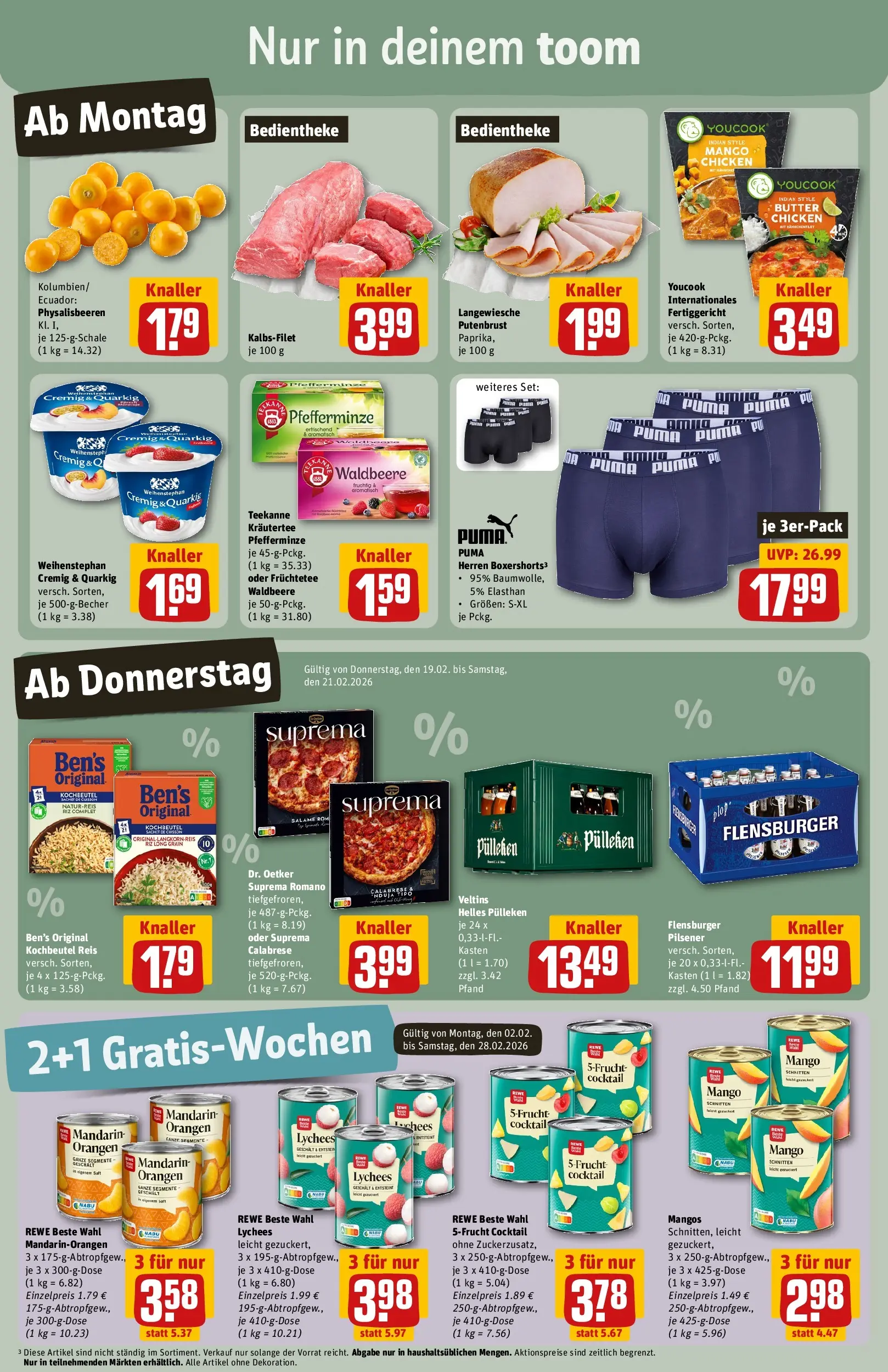 REWE Prospekt ab 16.02.2026 zum Blättern » Angebote | Seite: 3 | Produkte: Youcook, Flensburger, Mango, Boxer
