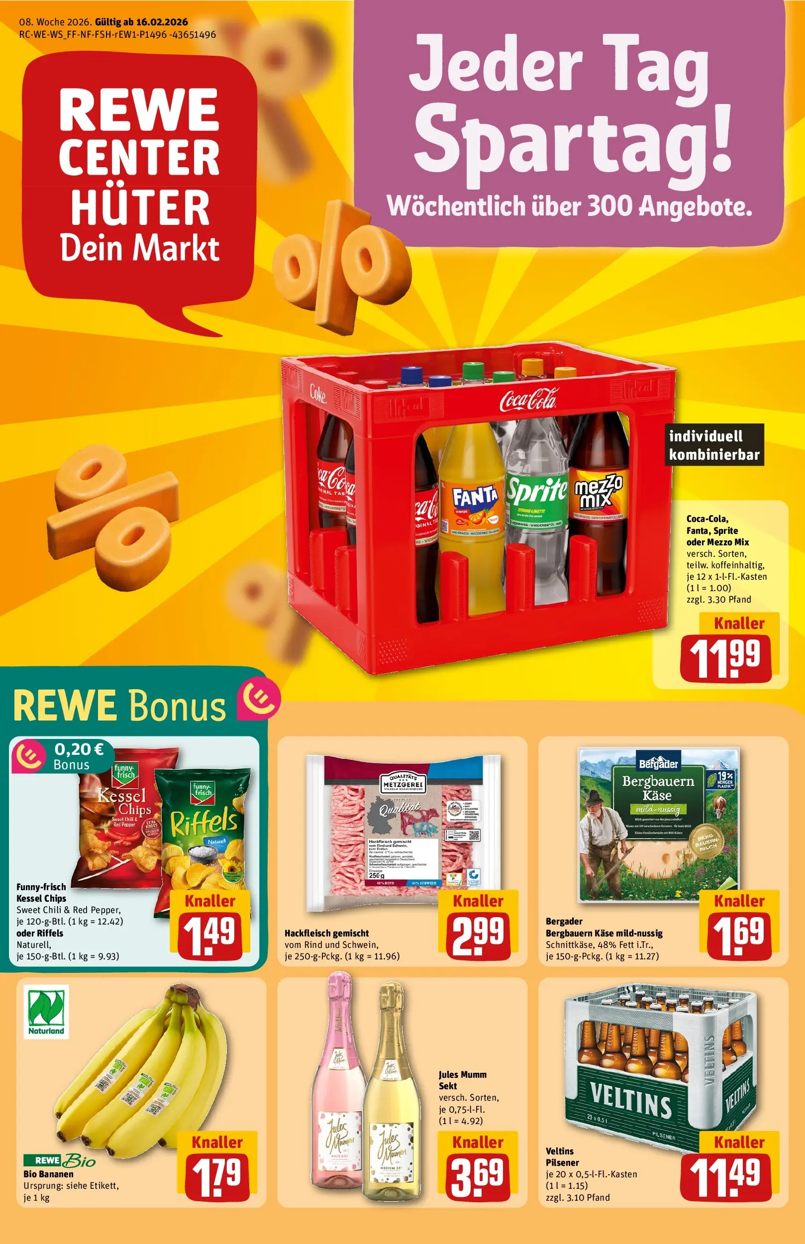 REWE Prospekt ab 16.02.2026 zum Blättern » Angebote | Seite: 1 | Produkte: Mumm sekt, Fanta, Sprite, Bananen