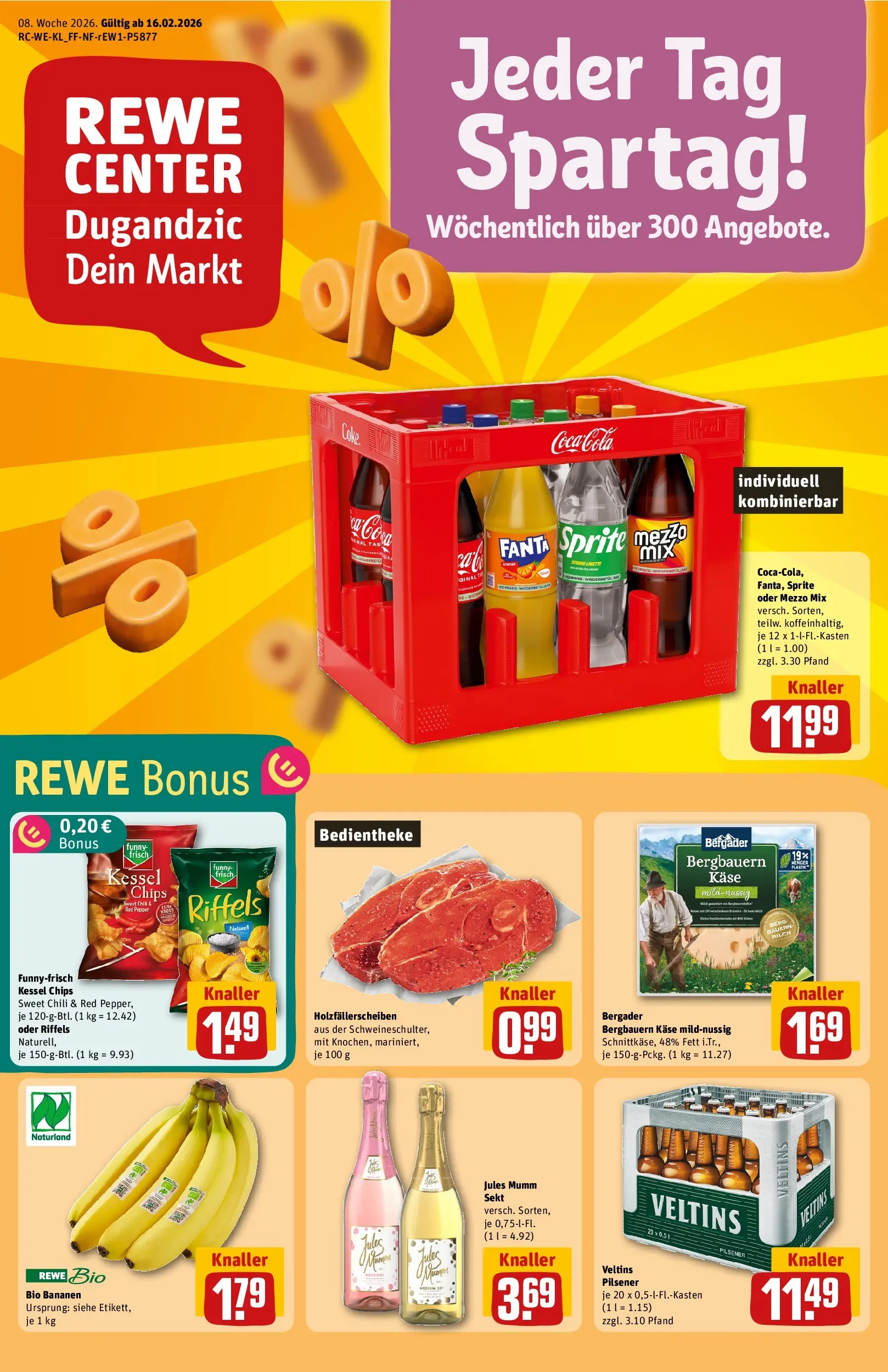 REWE Prospekt ab 16.02.2026 zum Blättern » Angebote | Seite: 1 | Produkte: Fanta, Cola, Funny frisch, Bananen