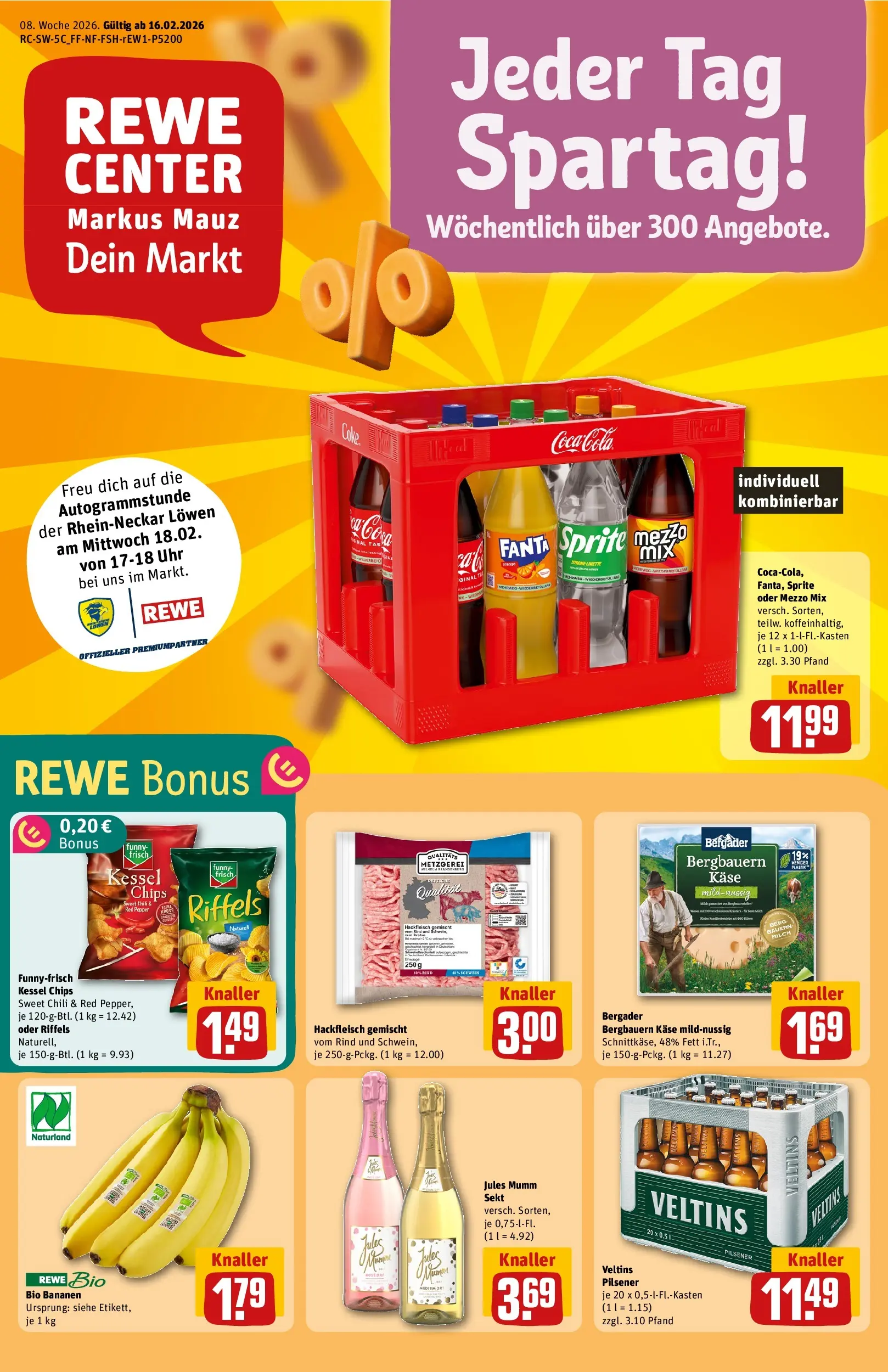 REWE Prospekt ab 16.02.2026 zum Blättern » Angebote | Seite: 1 | Produkte: Käse, Oder mezzo mix, Chips, Veltins