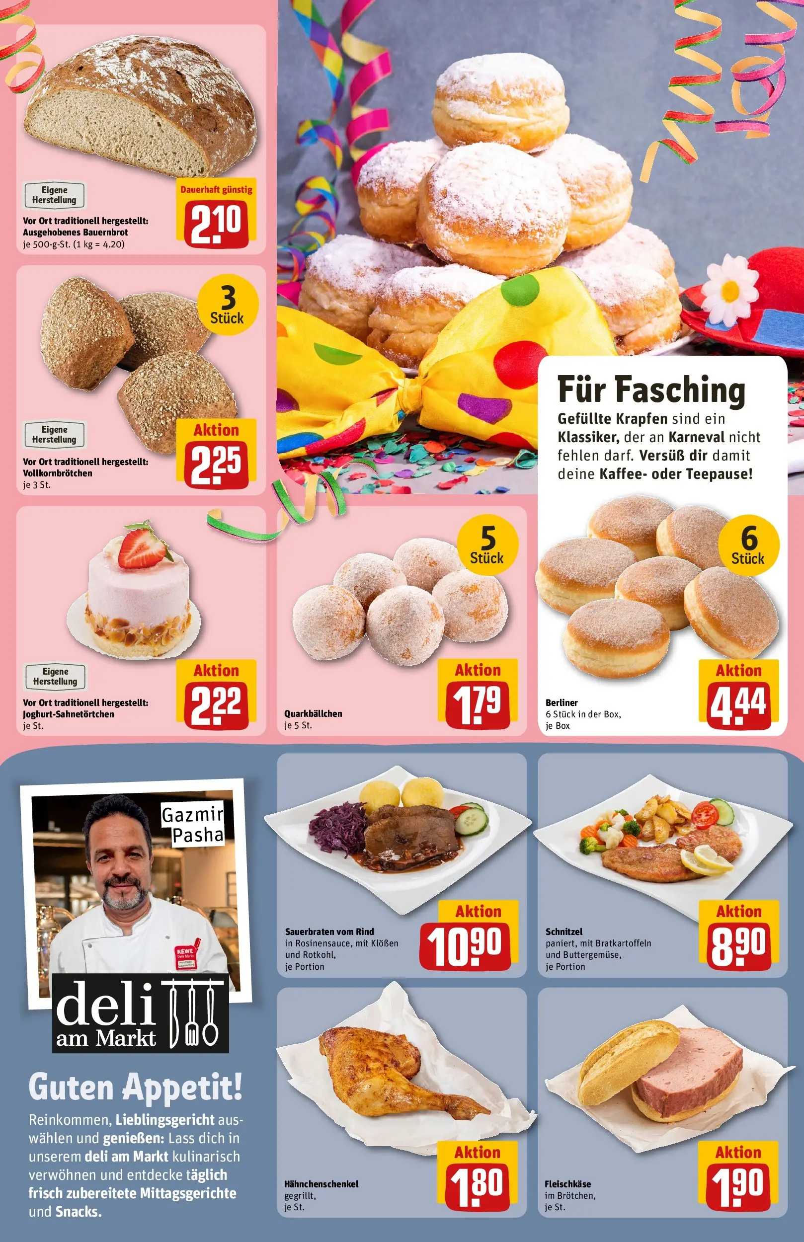 REWE Prospekt ab 16.02.2026 zum Blättern » Angebote | Seite: 17 | Produkte: Berliner, Quark, Hahnchenschenkel, Schnitzel