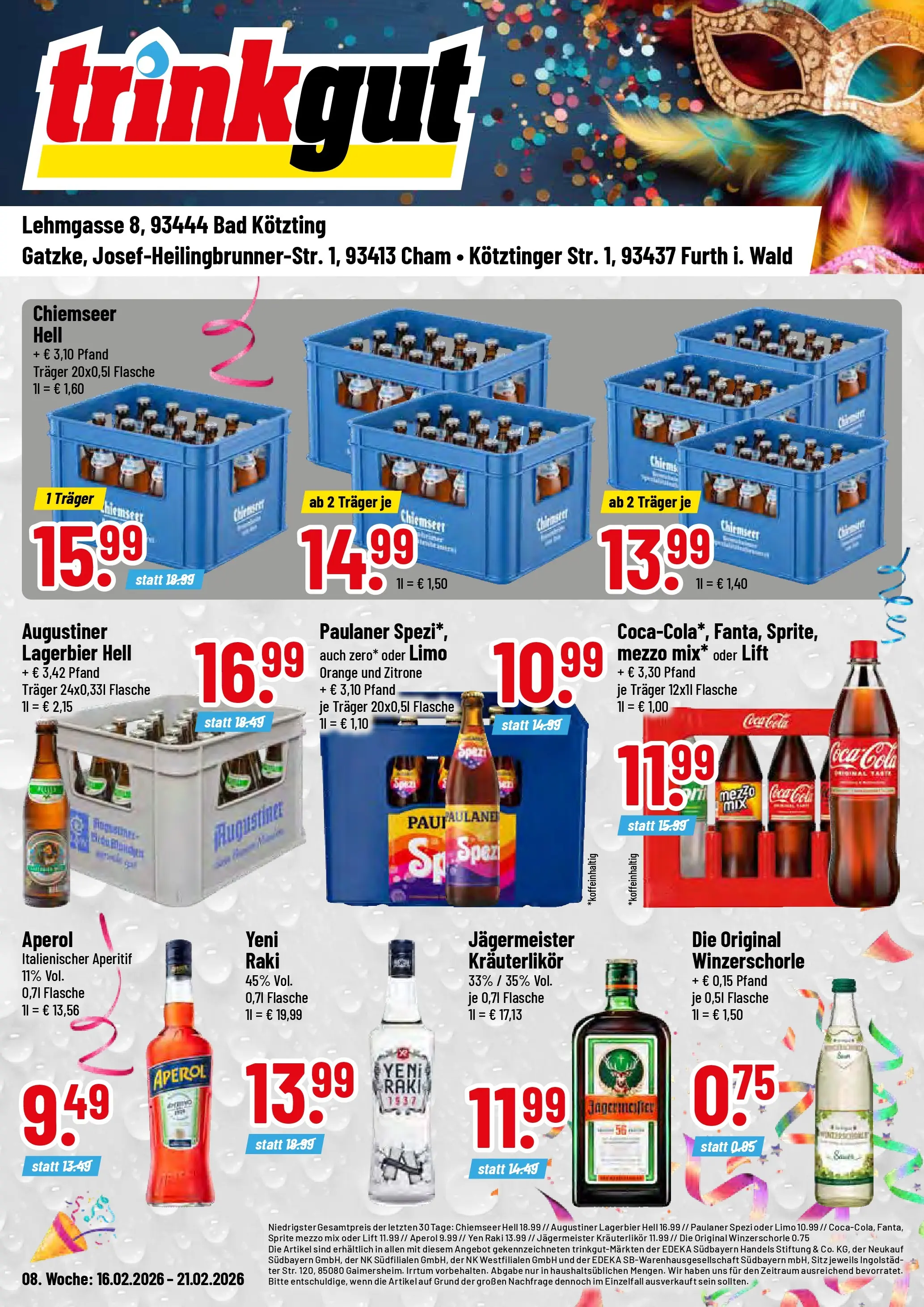 Trinkgut Prospekt Bad Kötzting (ab 16.02.2026) » Angebote online | Seite: 1 | Produkte: Cola, Jägermeister, Zitrone, Paulaner