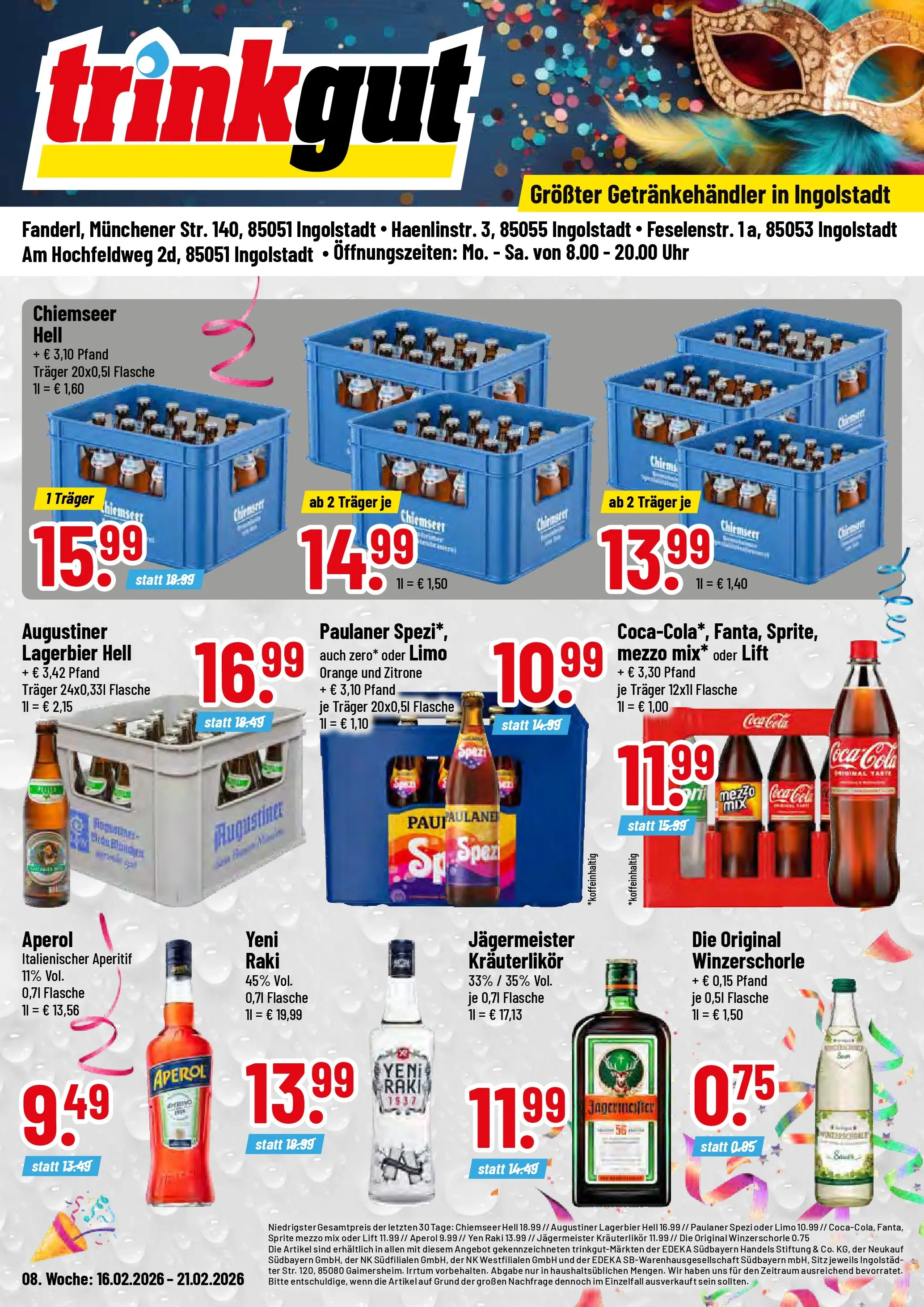 Trinkgut Prospekt Ingolstadt (ab 16.02.2026) » Angebote online | Seite: 1 | Produkte: Paulaner spezi, Jägermeister, Zitrone, Paulaner