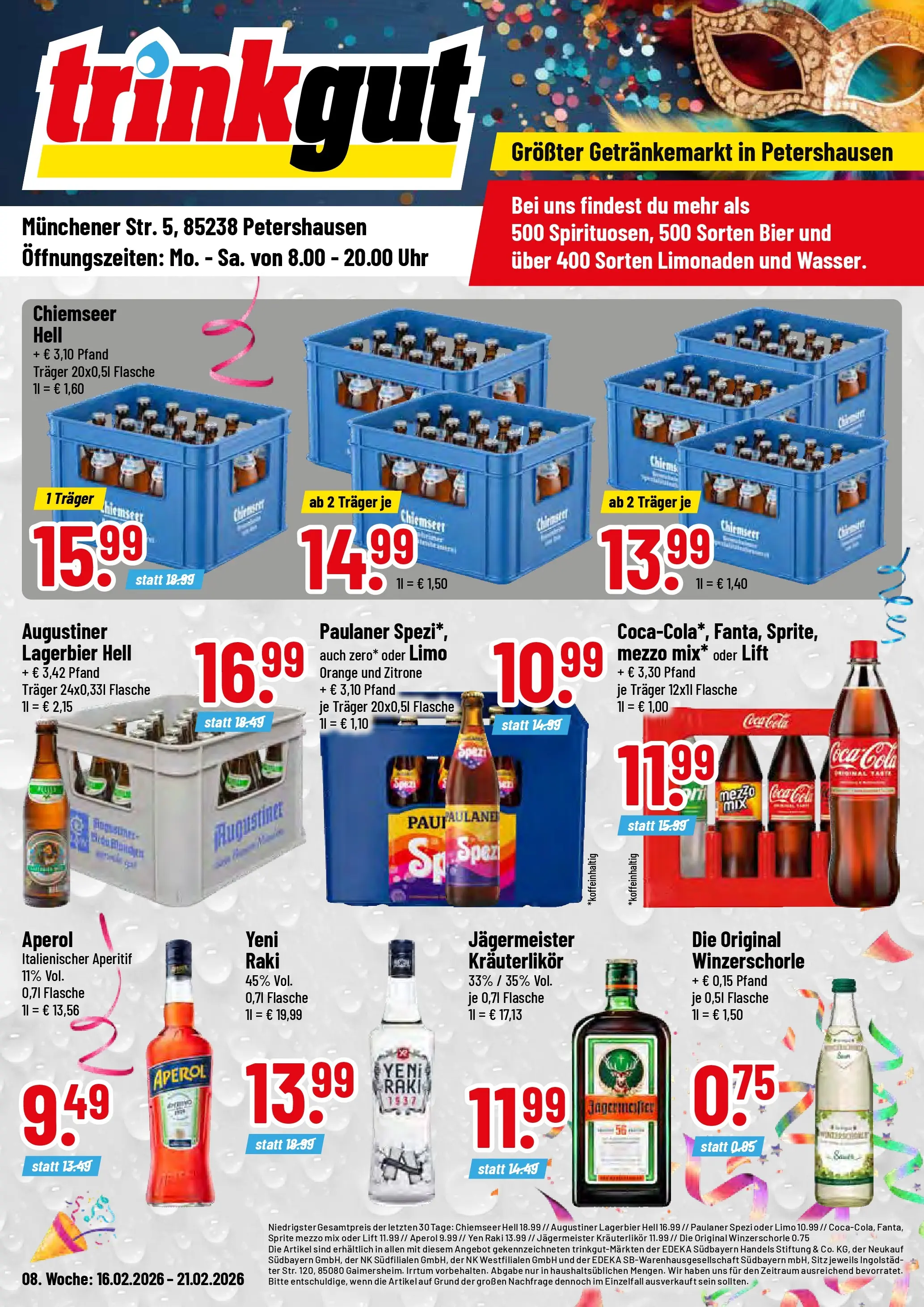 Trinkgut Prospekt Petershausen (ab 16.02.2026) » Angebote online | Seite: 1 | Produkte: Cola, Bier, Jägermeister, Paulaner