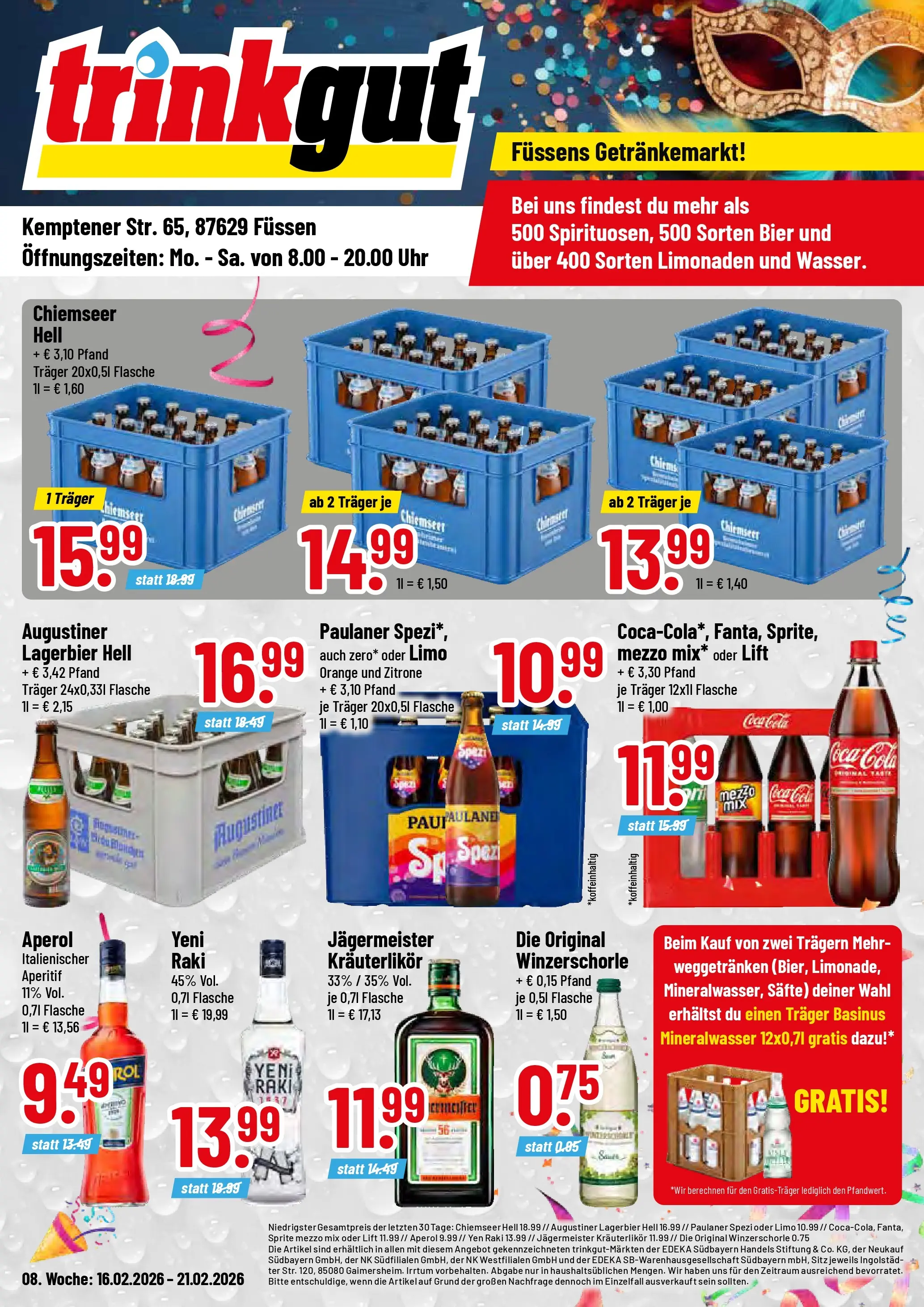 Trinkgut Prospekt Füssen (ab 16.02.2026) » Angebote online | Seite: 1 | Produkte: Mezzo mix, Coca cola, Paulaner spezi, Jägermeister
