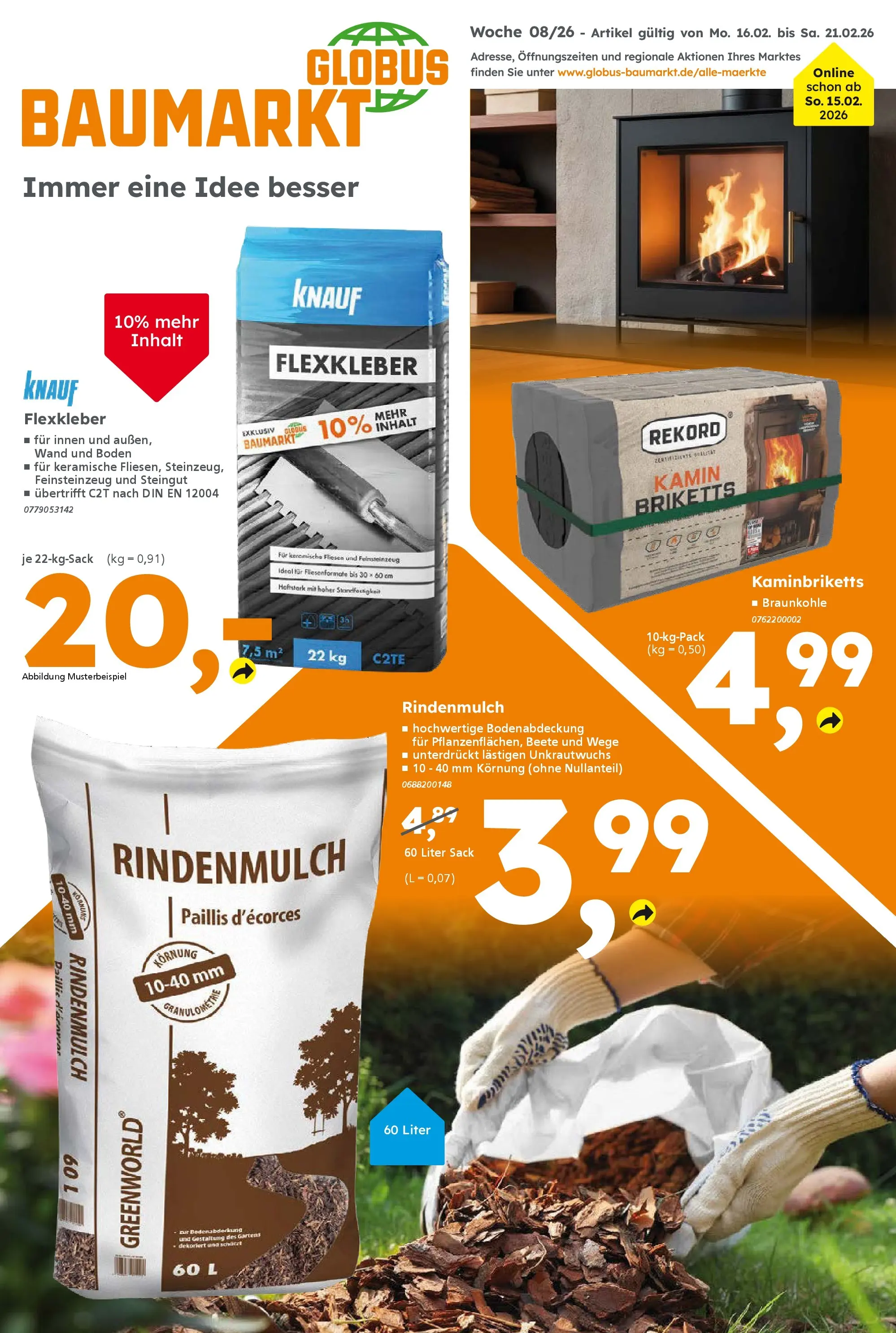 Globus Baumarkt prospekt Forchheim	 (ab 16.02.2026) zum Blättern | Seite: 1 | Produkte: Rindenmulch, Kamin