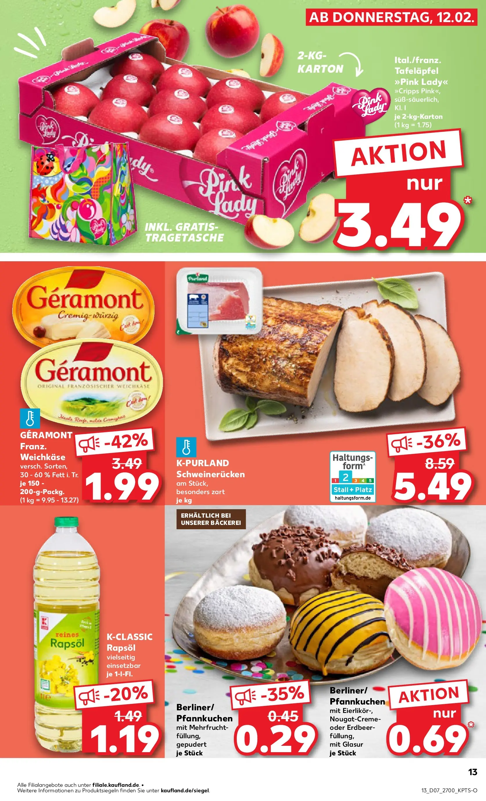 Prospekt Kaufland ab 16.02.2026 » Angebote Online zum Blättern | Seite: 13 | Produkte: Geramont, Bäckerei, Rapsöl, Schweinerucken