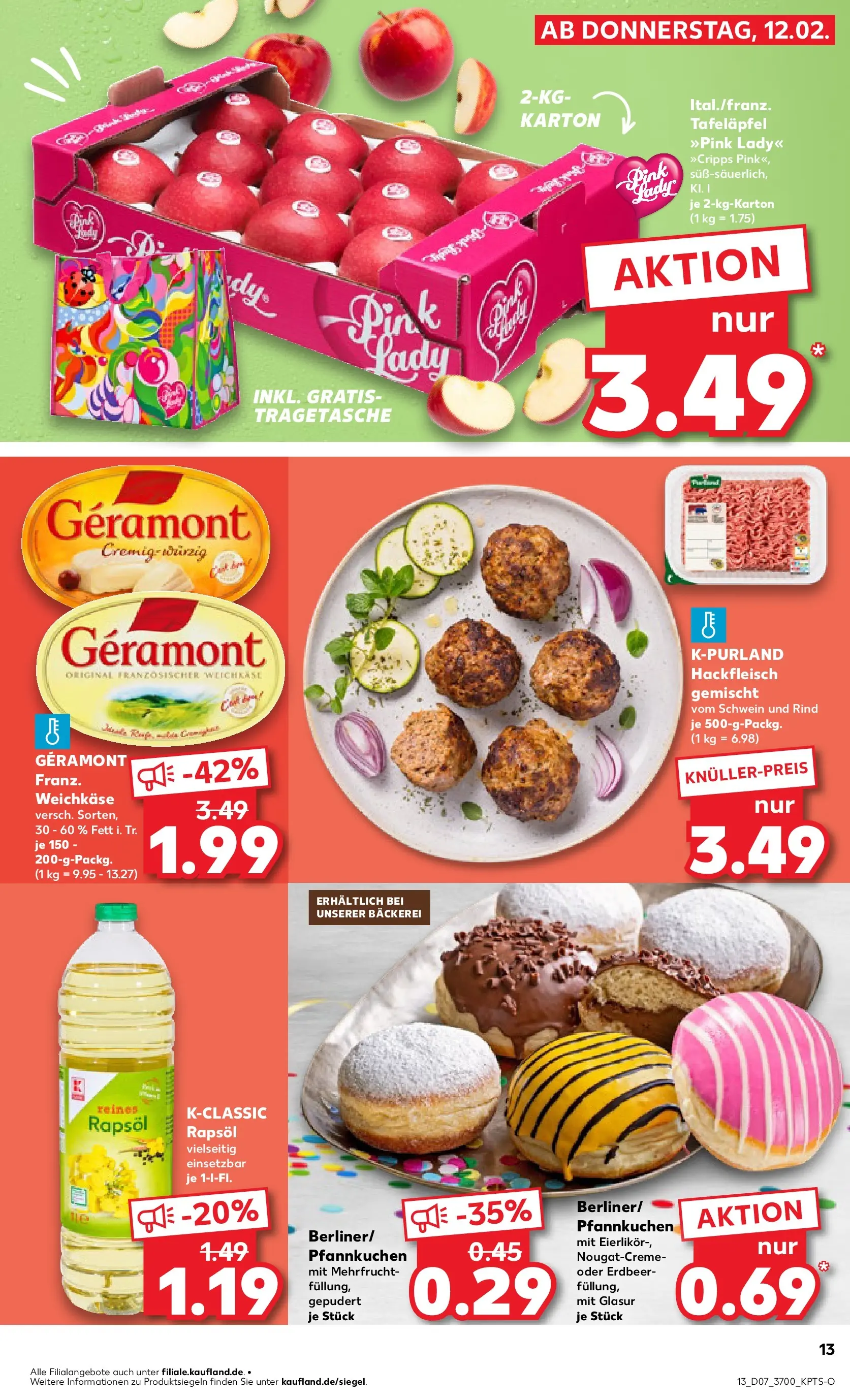 Prospekt Kaufland ab 16.02.2026 » Angebote Online zum Blättern | Seite: 13 | Produkte: Geramont, Bäckerei, Pfannkuchen, Hackfleisch