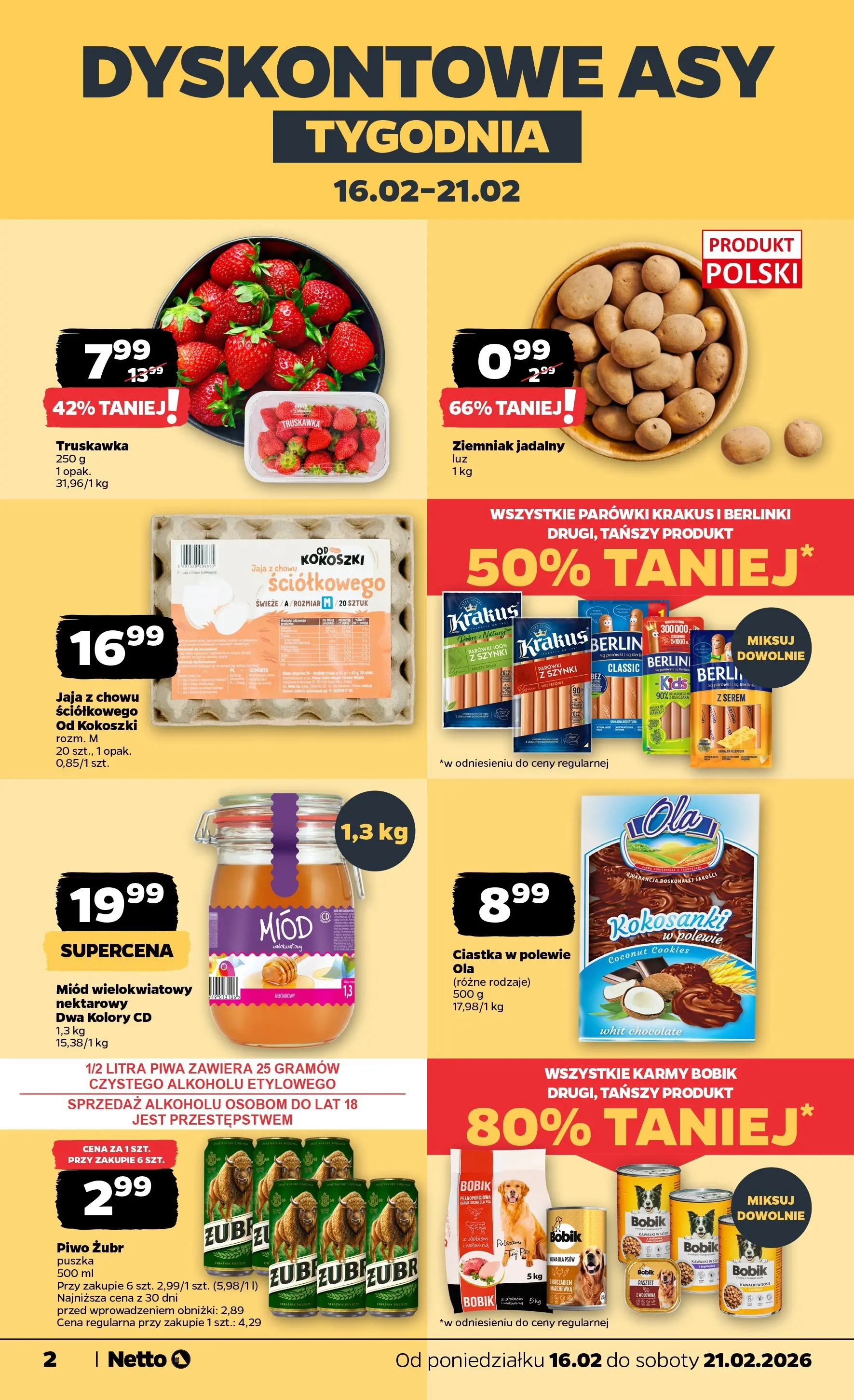 Netto - NETTO T08A ważne do 21.02.2026 od 15.02.2026 - Aktualne promocje | Strona: 2 | Produkty: Miód, Parówki, Piwo, Jaja