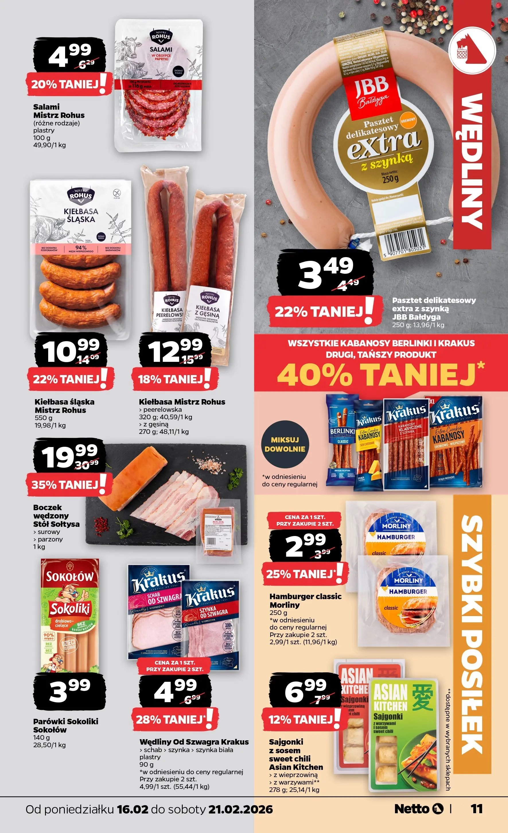 Netto - NETTO T08A ważne do 21.02.2026 od 15.02.2026 - Aktualne promocje | Strona: 11 | Produkty: Parówki sokoliki, Sajgonki, Kiełbasa śląska, Wędliny