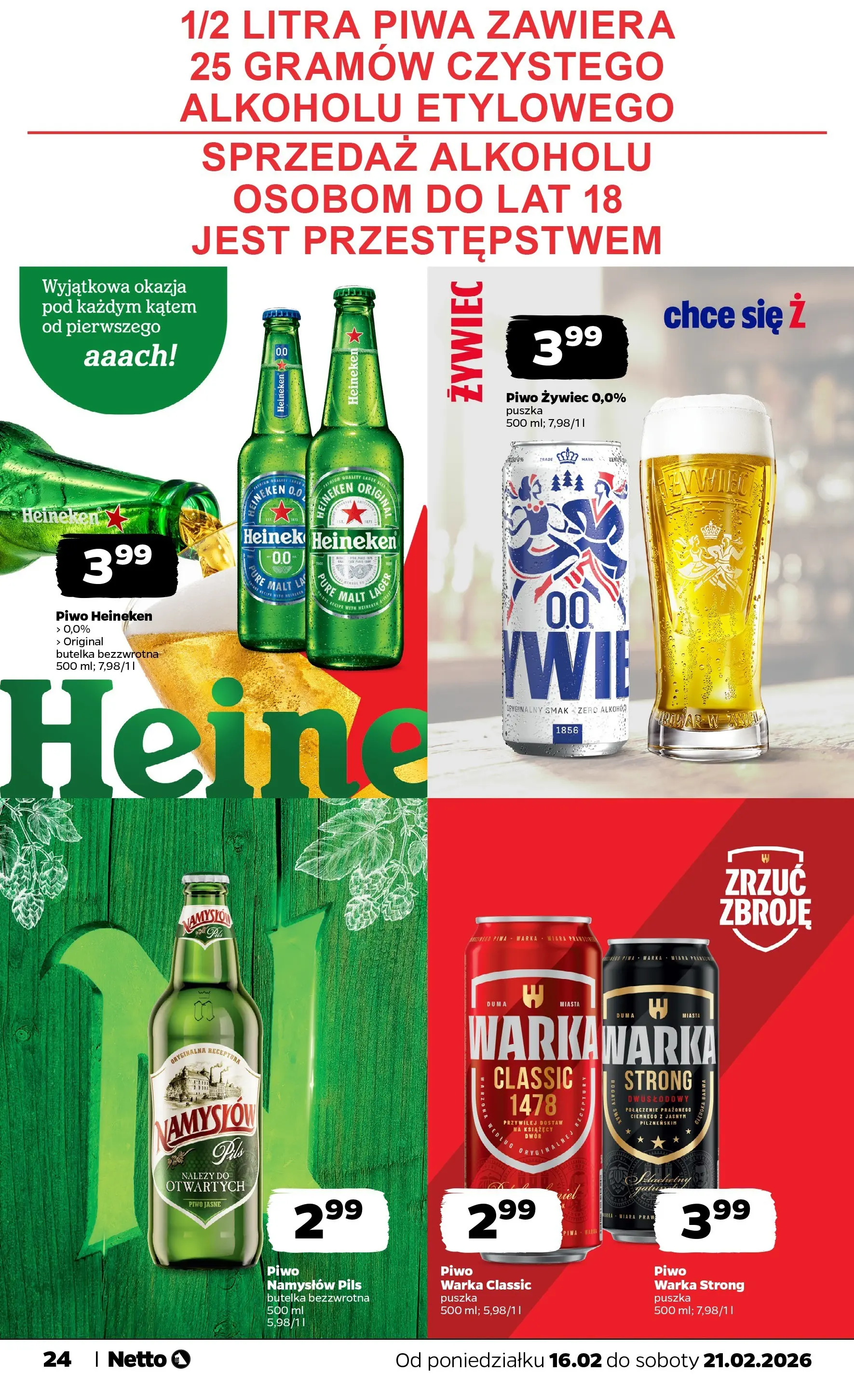 Netto - NETTO T08A ważne do 21.02.2026 od 15.02.2026 - Aktualne promocje | Strona: 24 | Produkty: Warka, Piwo, Piwo Namysłów, Heineken