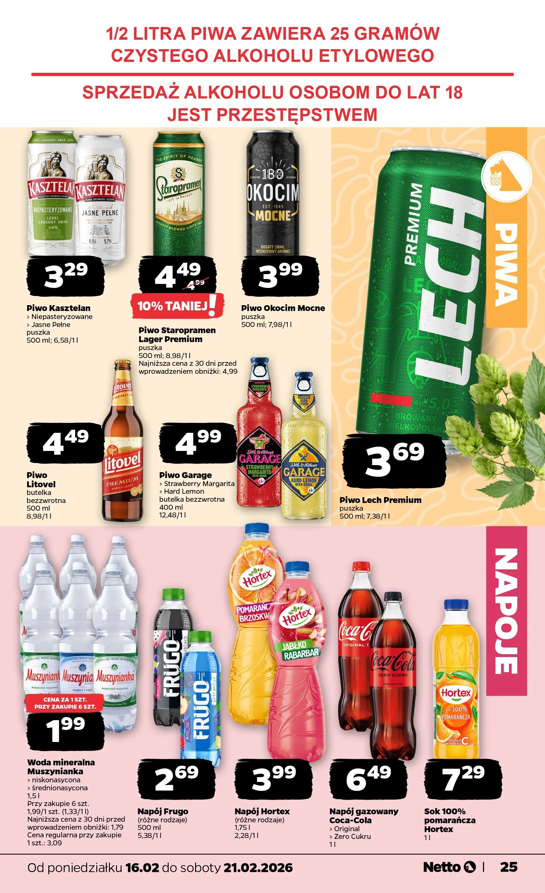 Netto - NETTO T08A ważne do 21.02.2026 od 15.02.2026 - Aktualne promocje | Strona: 25 | Produkty: Napoje, Leżak, Piwo Staropramen, Woda