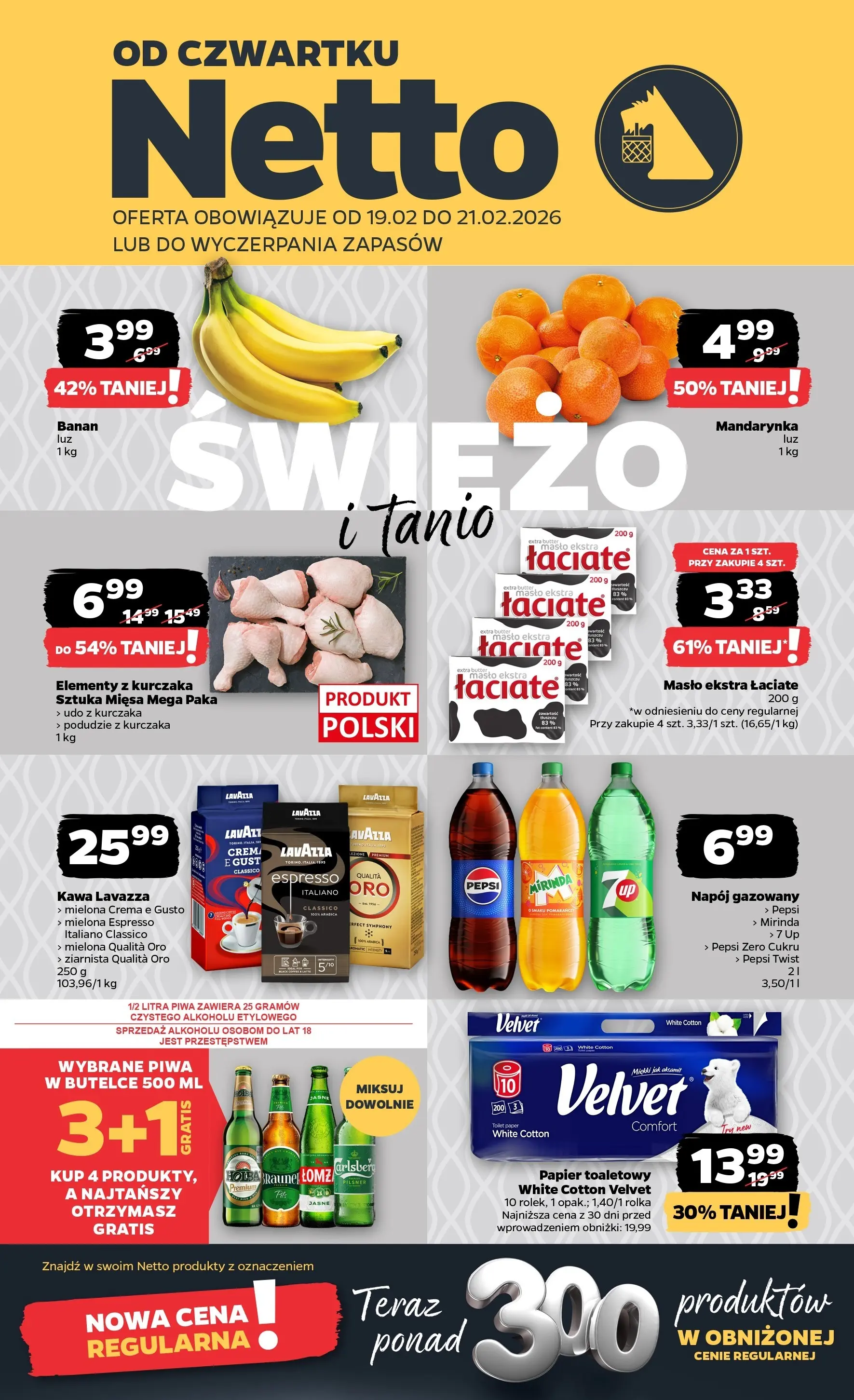 Netto - NETTO T08B ważne do 21.02.2026 od 18.02.2026 - Aktualne promocje | Strona: 1 | Produkty: Papier toaletowy, Podudzie z kurczaka, Kawa, Banan