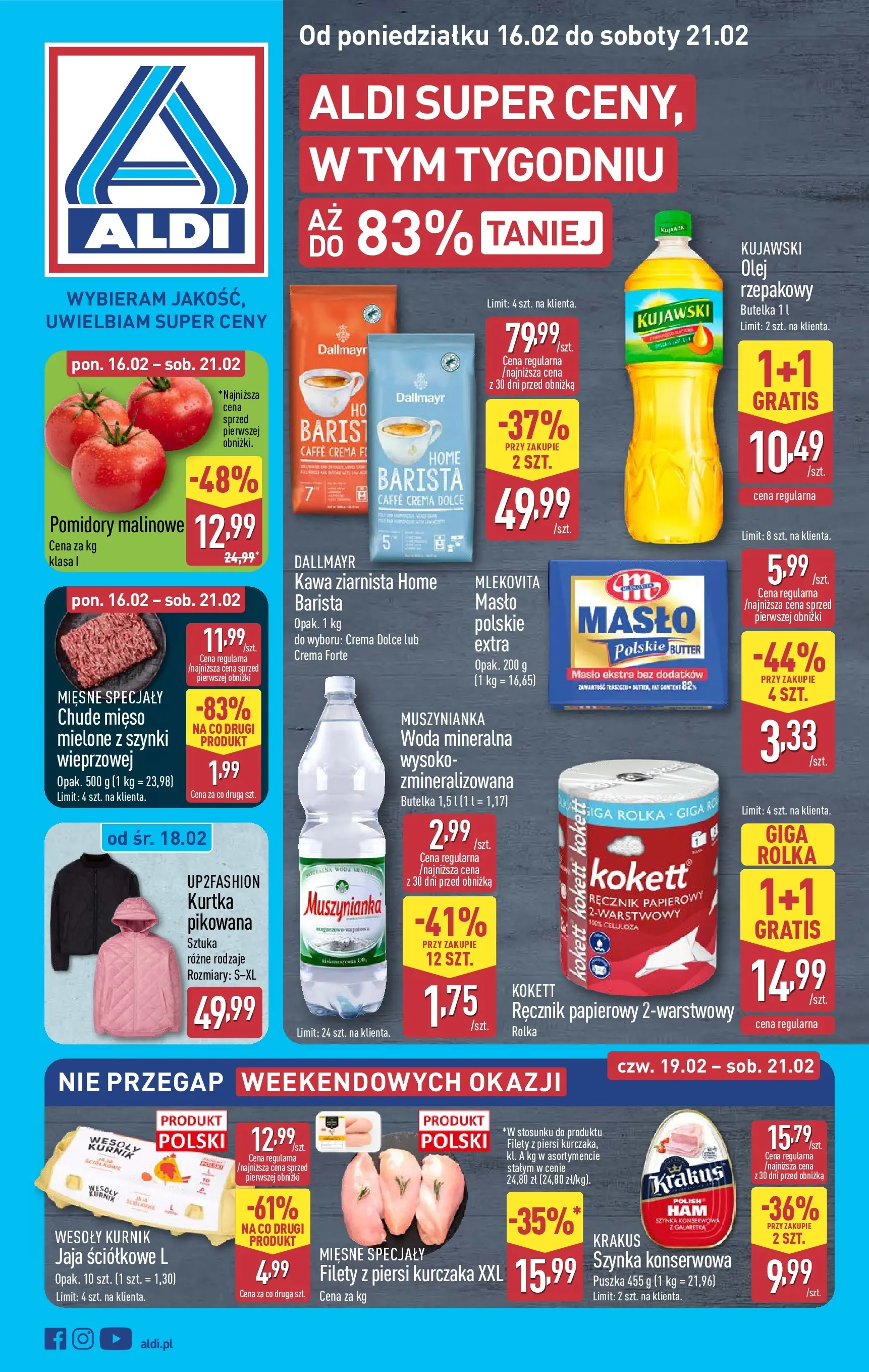 Aldi Gazetka od 16.02.2026 - Ulotka PDF, promocje | Strona: 1 | Produkty: Szynka, Masło, Kawa, Woda