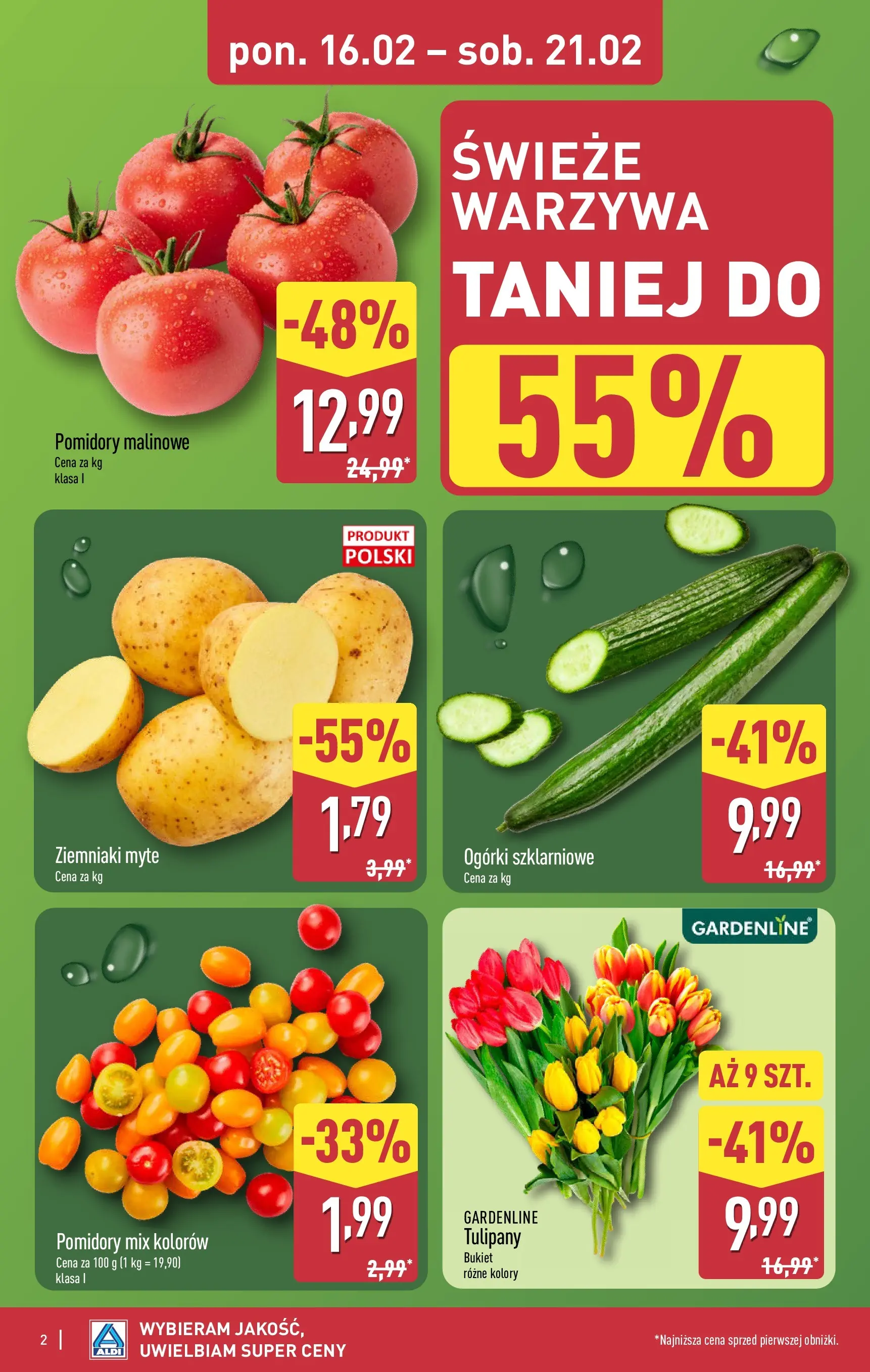 Aldi Gazetka od 16.02.2026 - Ulotka PDF, promocje | Strona: 2 | Produkty: Pomidory malinowe, Tulipany, Ziemniaki, Warzywa