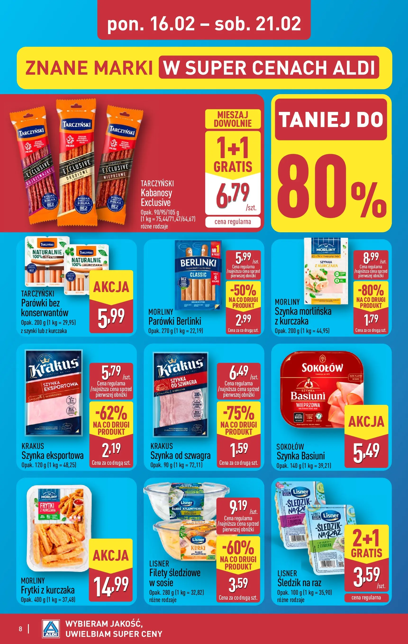 Aldi Gazetka od 16.02.2026 - Ulotka PDF, promocje | Strona: 8 | Produkty: Parówki berlinki, Śledź, Kabanosy, Szynka