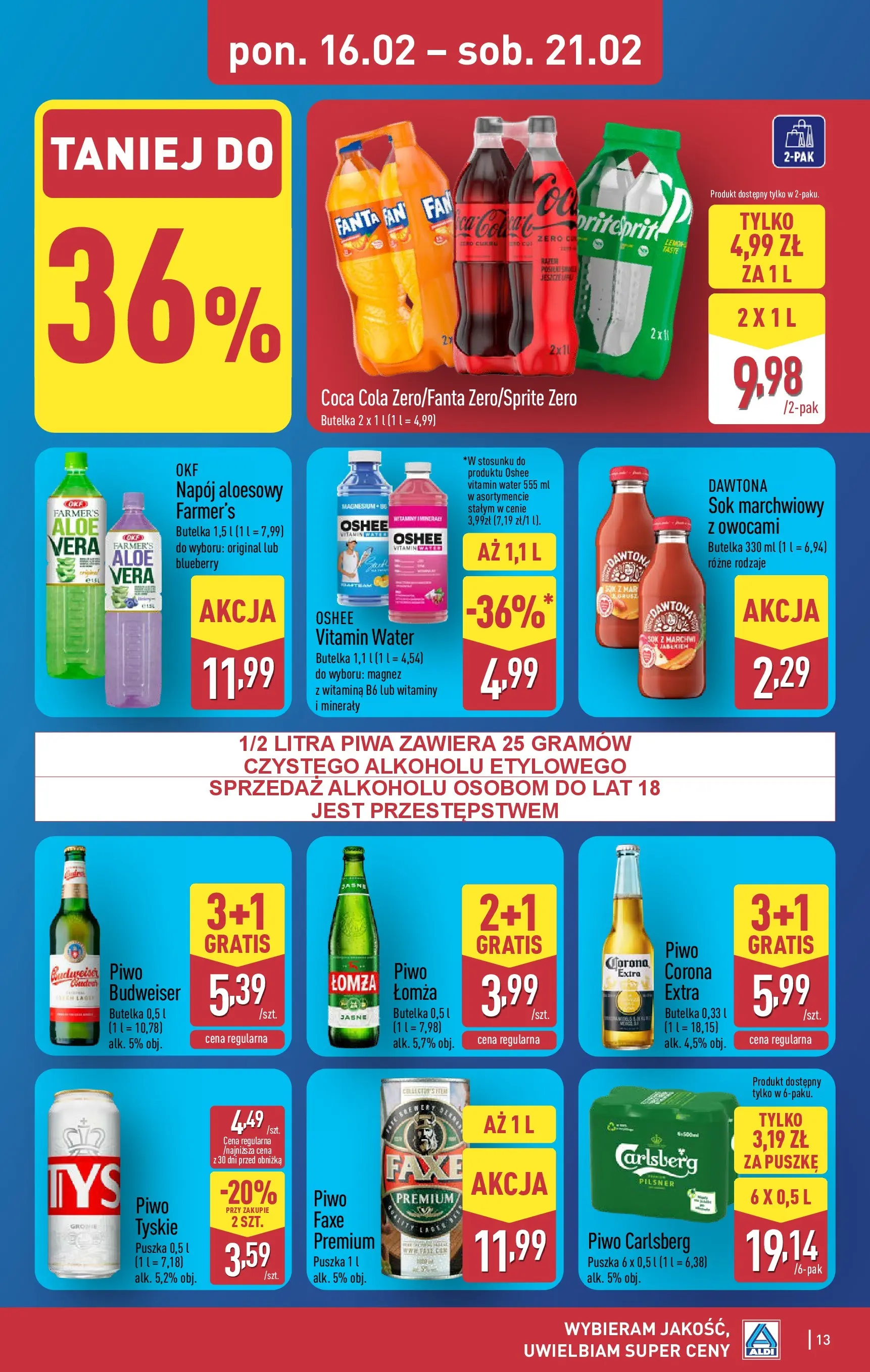 Aldi Gazetka od 16.02.2026 - Ulotka PDF, promocje | Strona: 13 | Produkty: Piwo Carlsberg, Sok, Piwo, Sok marchwiowy