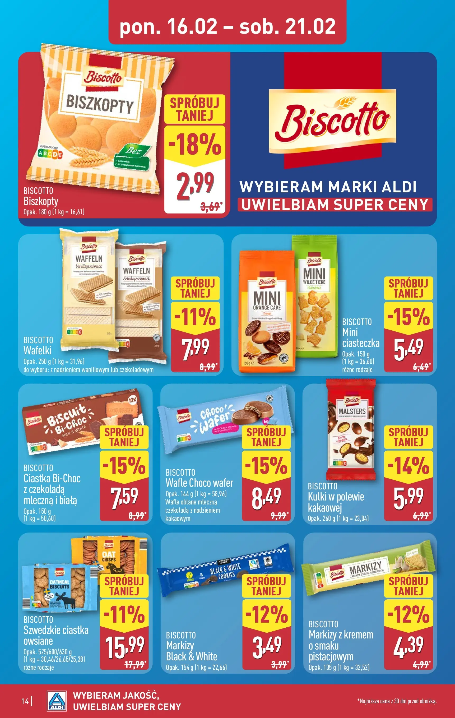 Aldi Gazetka od 16.02.2026 - Ulotka PDF, promocje | Strona: 14 | Produkty: Wafelki, Czekolada, Ciastka, Ciasteczka