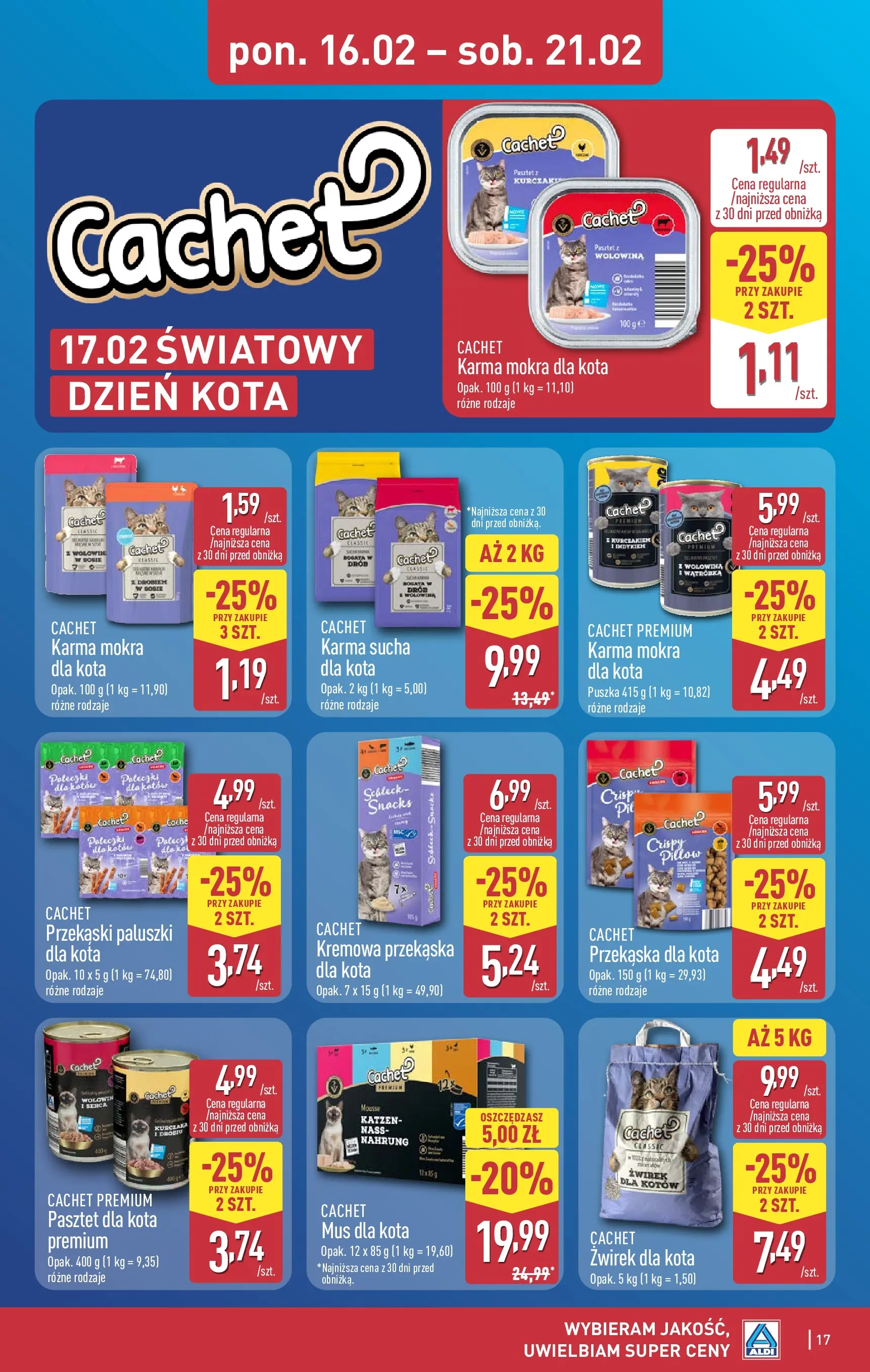 Aldi Gazetka od 16.02.2026 - Ulotka PDF, promocje | Strona: 17 | Produkty: Żwirek dla kota, Karma mokra dla kota, Wątróbka, Paluszki
