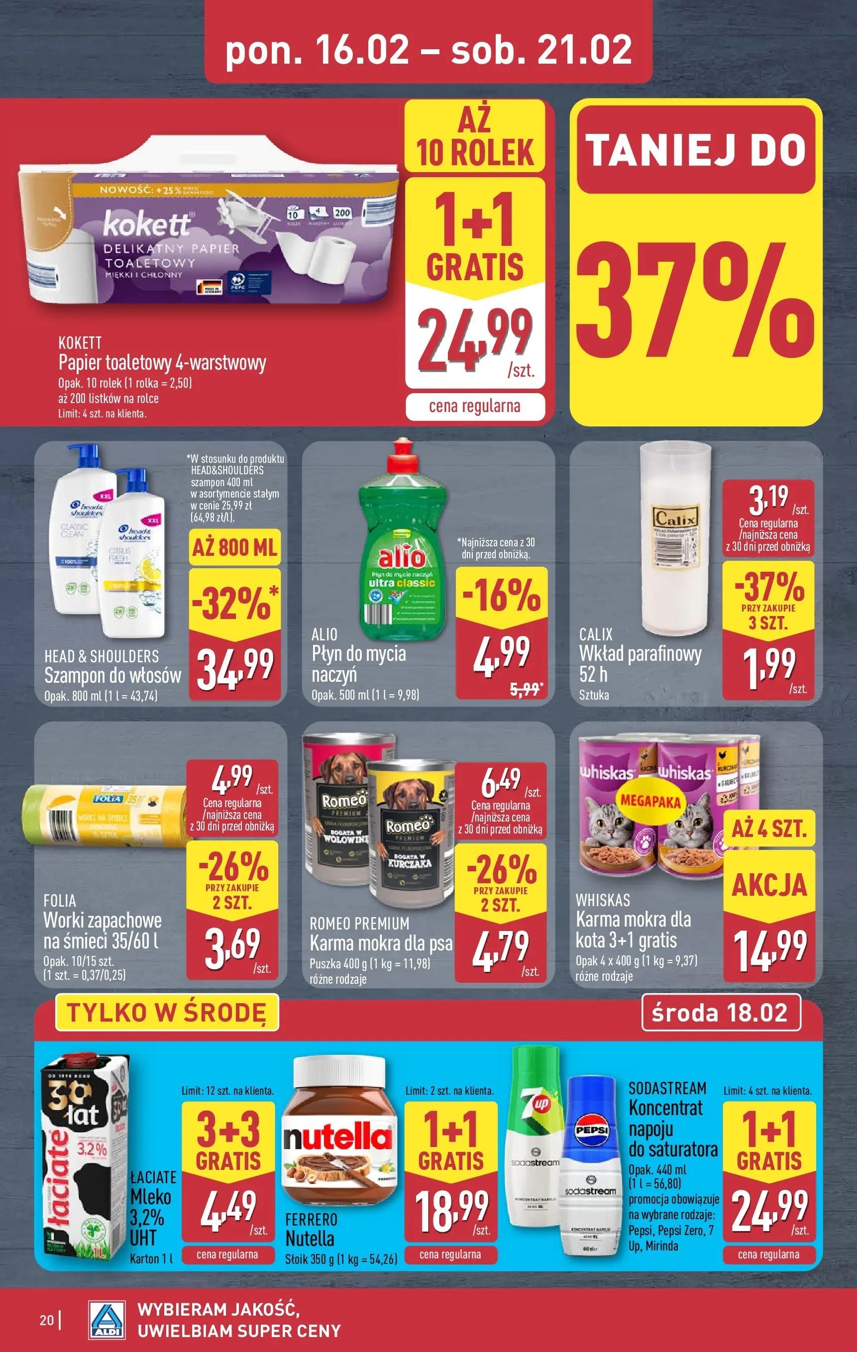 Aldi Gazetka od 16.02.2026 - Ulotka PDF, promocje | Strona: 20 | Produkty: Papier toaletowy, Pepsi, Mleko, Szampon