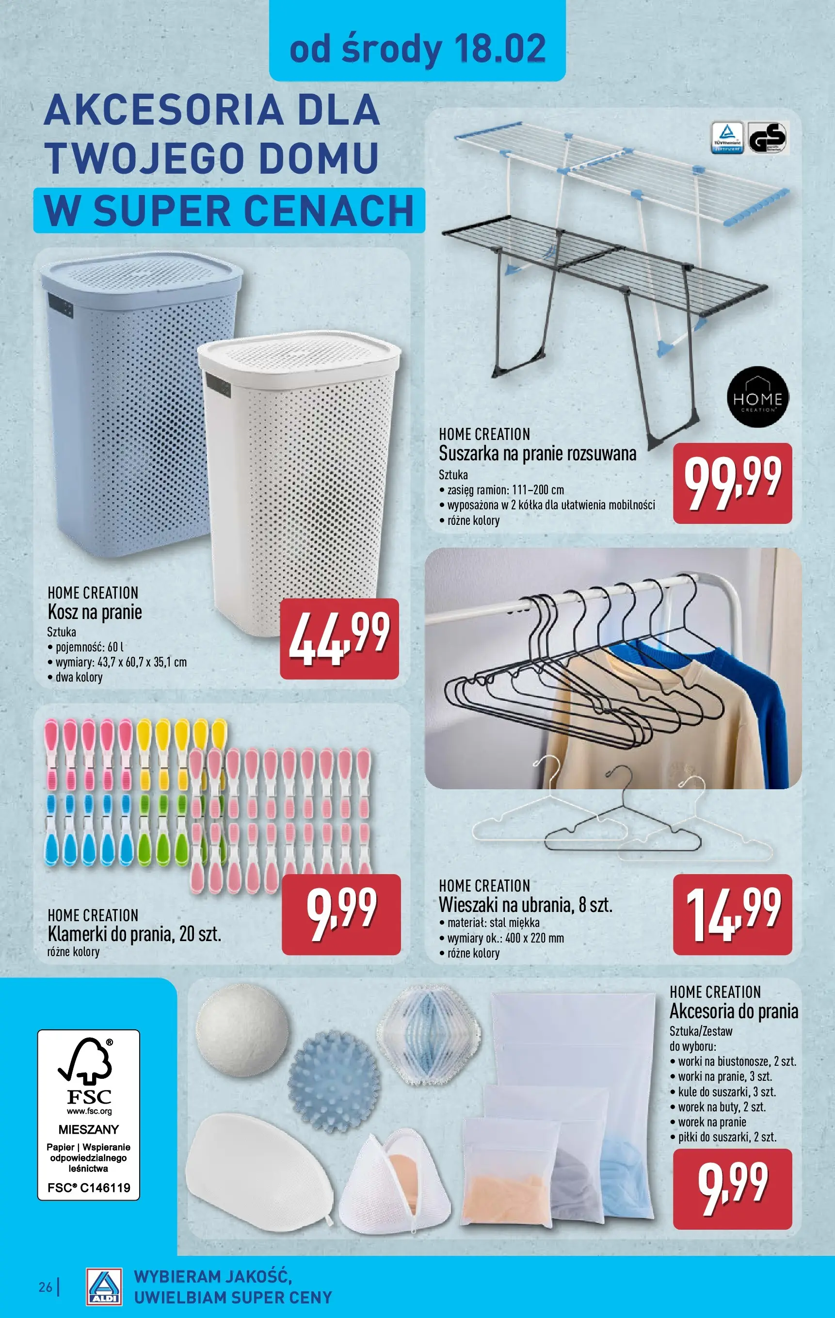 Aldi Gazetka od 16.02.2026 - Ulotka PDF, promocje | Strona: 26 | Produkty: Suszarka, Wieszaki, Kosz, Kosz na pranie