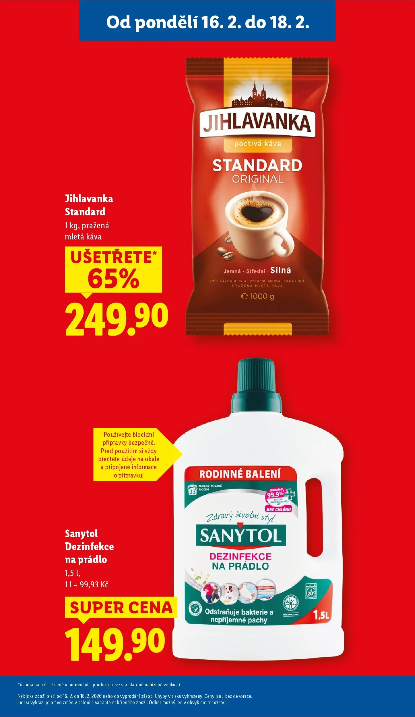 Lidl leták od 15.02.2026 - Nový akční leták | Strana: 5 | Produkty: Dezinfekce na prádlo, Káva Standard, Mletá káva, Sanytol