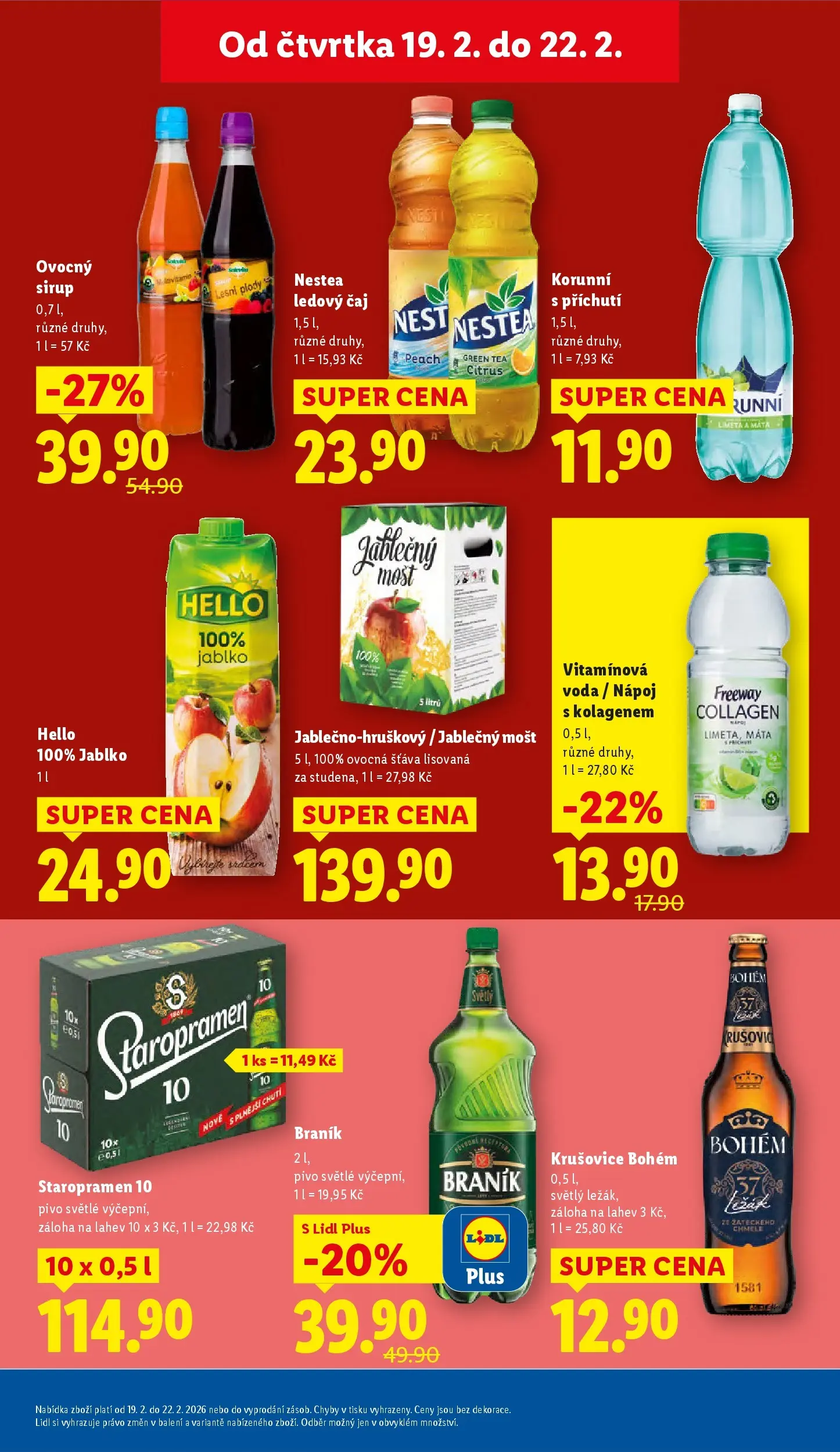 Lidl leták od 18.02.2026 - Nový akční leták | Strana: 19 | Produkty: Voda, Staropramen, Krušovice Bohém, Ledový čaj Nestea