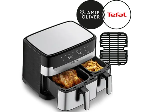 Tefal EY90JD Jamie Oliver Dual Easy Fry Doppel-Hei&szlig;luftfritteuse 8,3 l, Silber