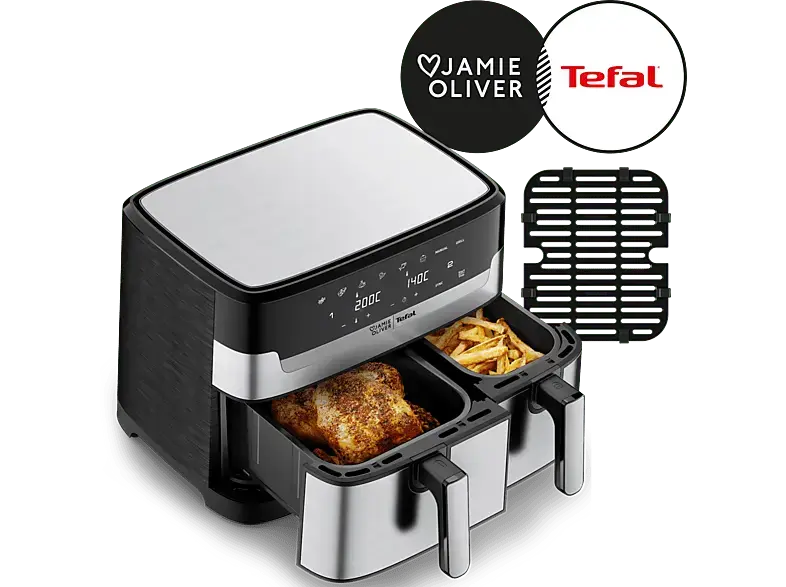Tefal EY90JD Jamie Oliver Dual Easy Fry Doppel-Hei&szlig;luftfritteuse 8,3 l, Silber