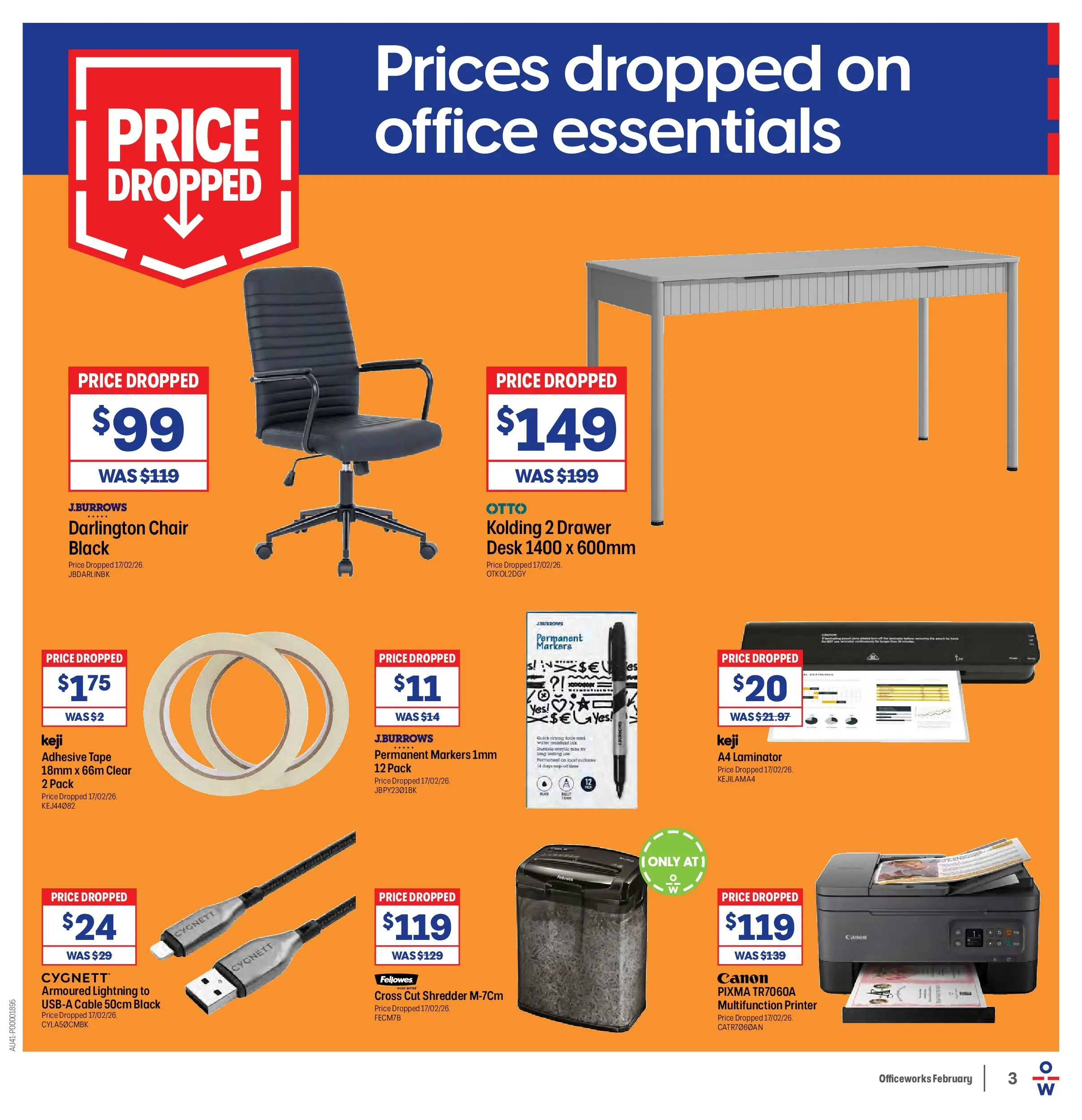 Officeworks - BTU/BTW - 16/02/2026 > weekly / monthly specials | Page: 3 | Products: Chair, Drawer, Printer, Laminator