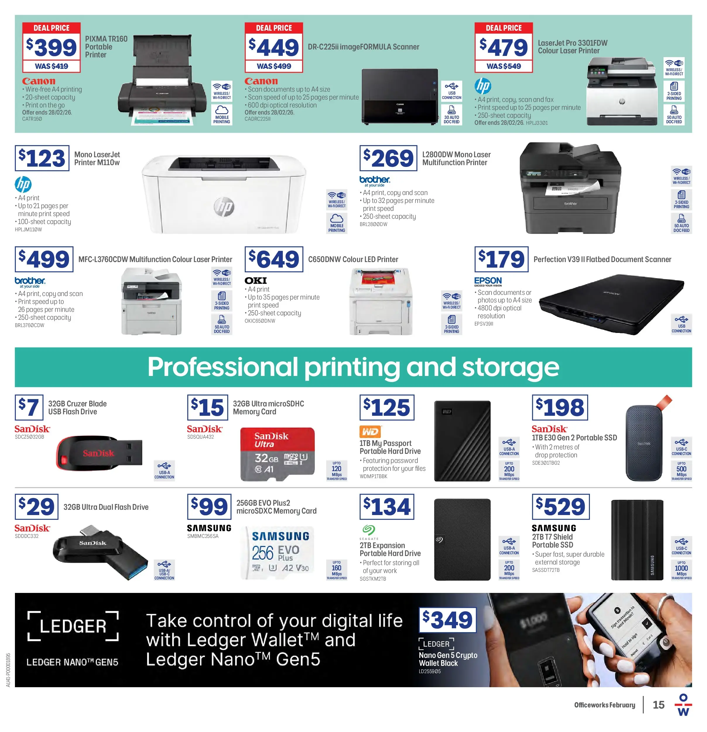 Officeworks - BTU/BTW - 16/02/2026 > weekly / monthly specials | Page: 15 | Products: Printer, Memory card, Usb, Scanner