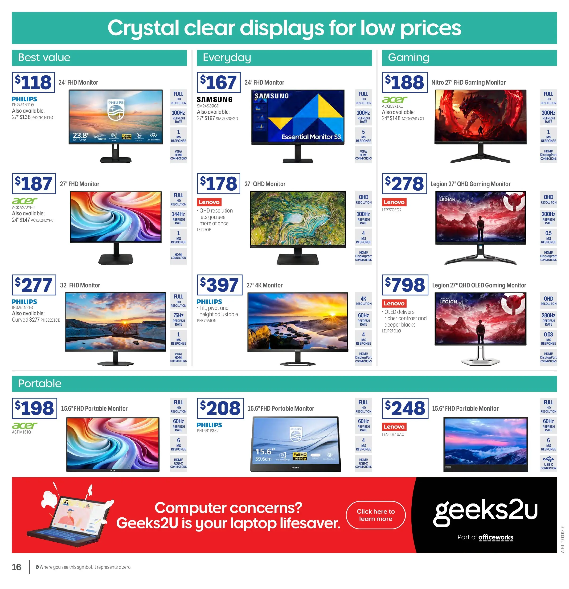Officeworks - BTU/BTW - 16/02/2026 > weekly / monthly specials | Page: 16 | Products: Monitor, Computer, Usb, Portable