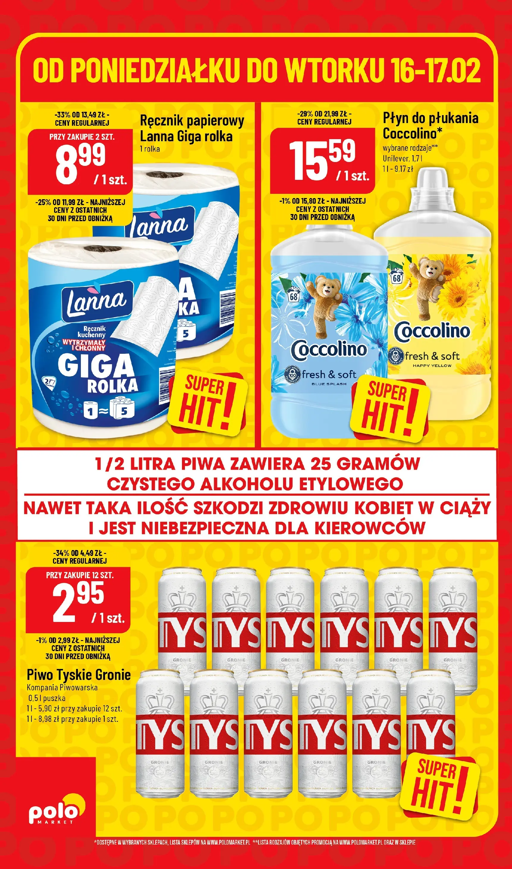 Nowa POLOmarket gazetka od jutra 16.02.2026 (PDF) | Strona: 4 | Produkty: Coccolino, Tyskie, Piwo, Ręcznik papierowy