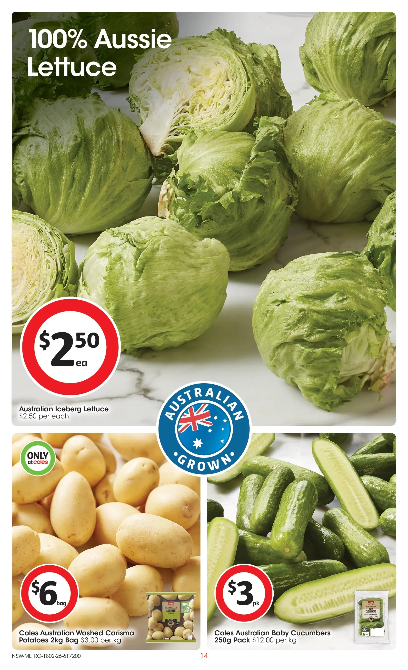 ﻿Coles catalogue valid from 18/02/2026 > Online Australia | Page: 14 | Products: Lettuce, Cucumbers, Potatoes, Bag