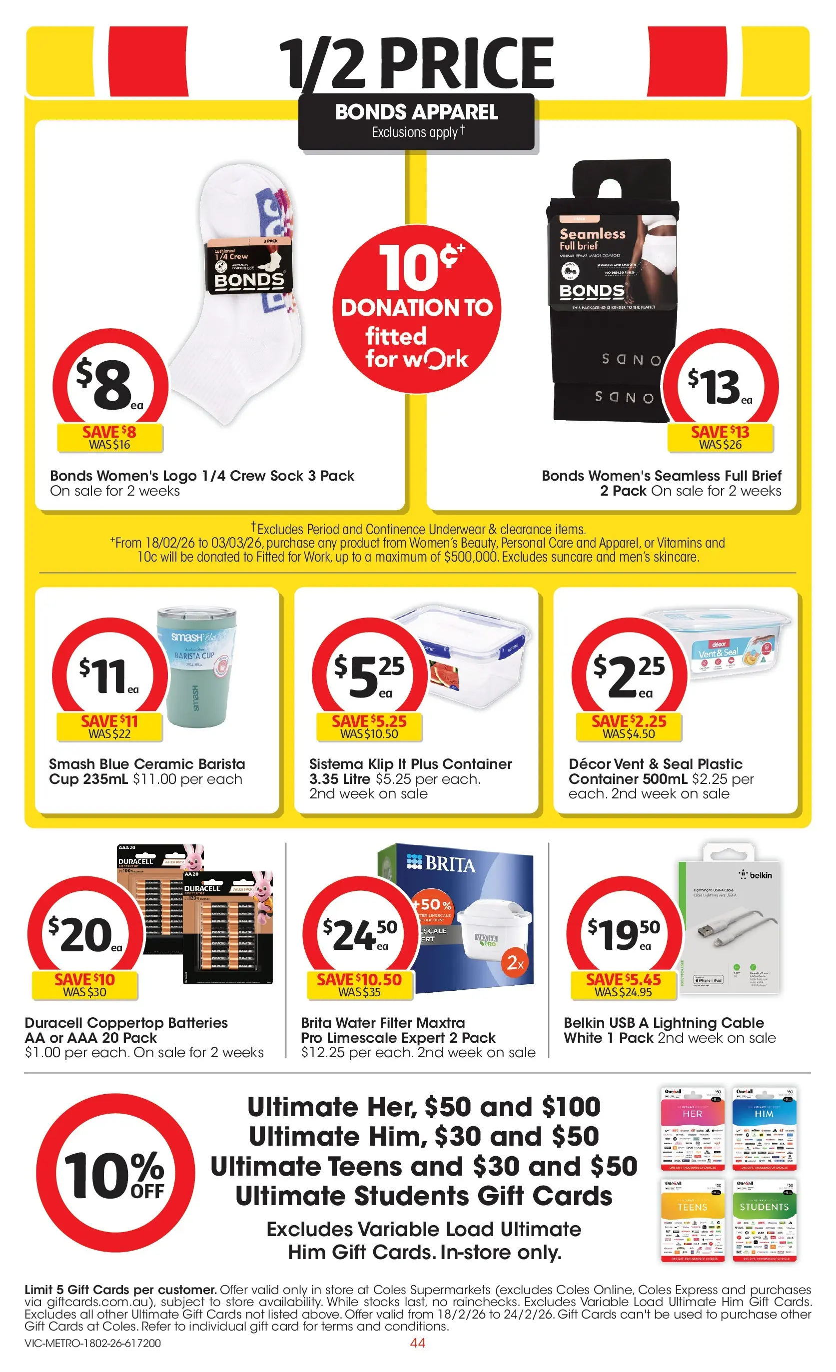 ﻿Coles catalogue valid from 18/02/2026 > Online Australia | Page: 44 | Products: Decor, Underwear, Batteries, Cable