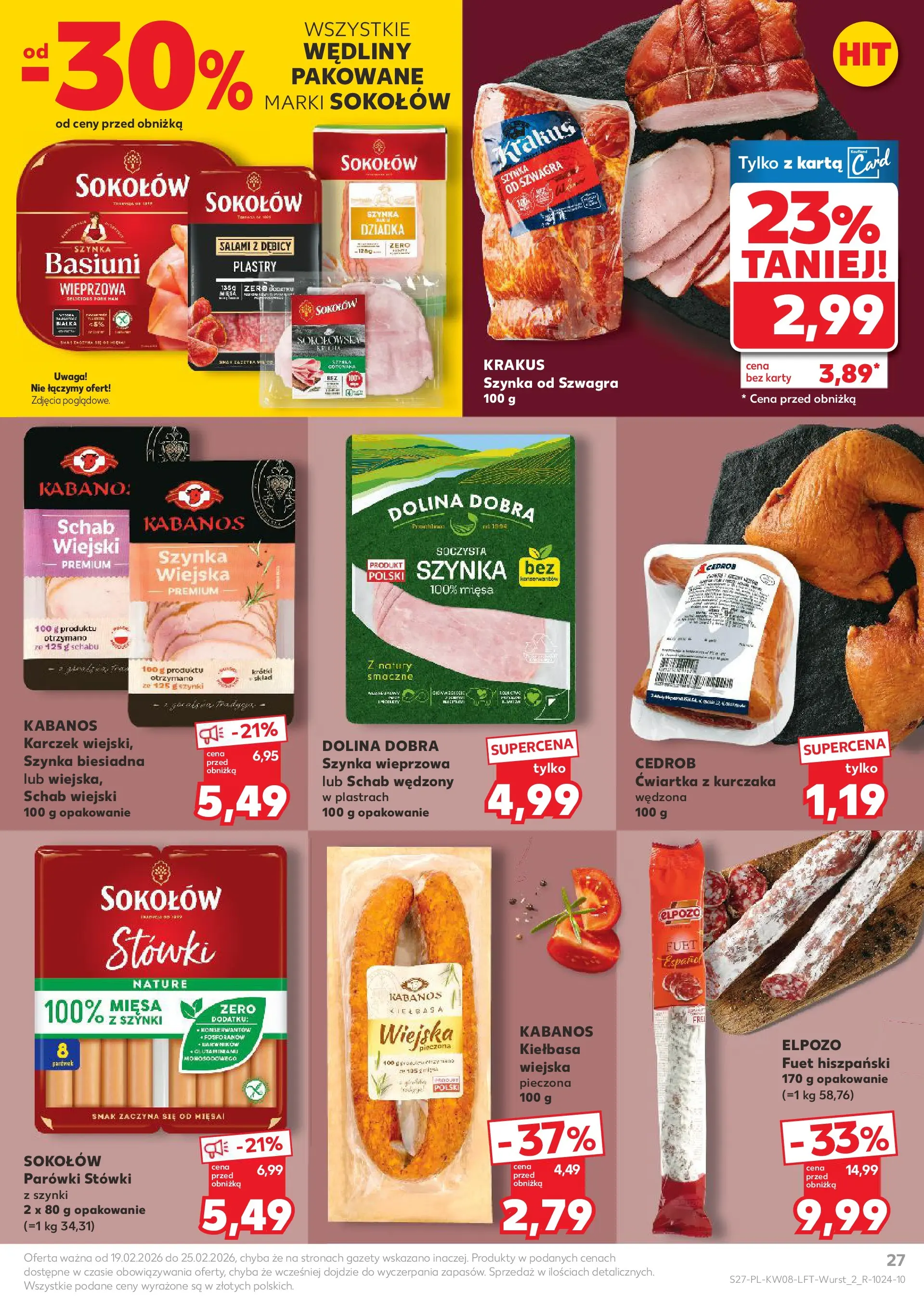 Kaufland gazetka od 19.02.2026 - od jutra PDF | Strona: 27 | Produkty: Karta, Szynka wieprzowa, Szynka, Wędliny