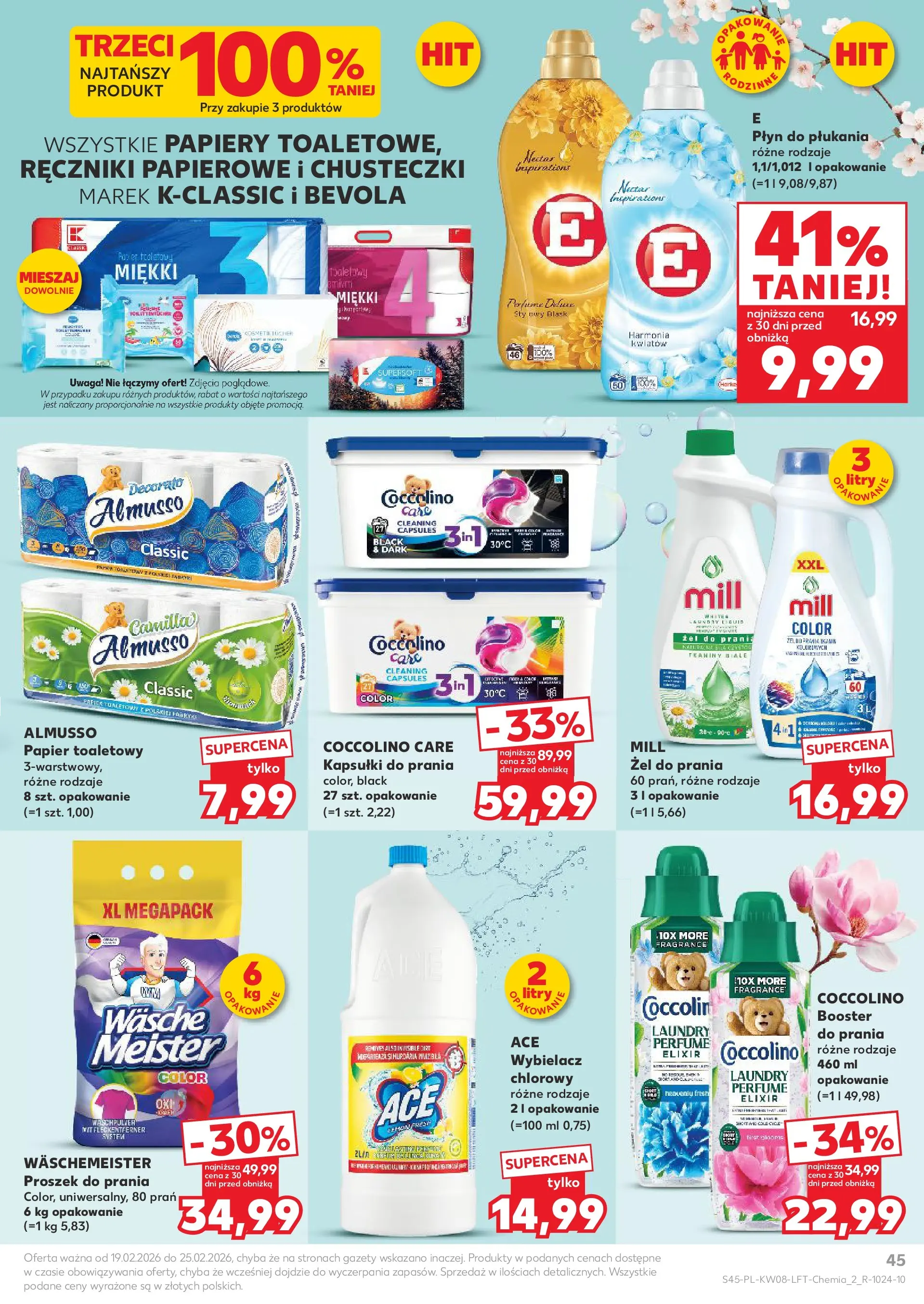 Kaufland gazetka od 19.02.2026 - od jutra PDF | Strona: 45 | Produkty: Papier toaletowy, Ręczniki papierowe, Kapsułki do prania, Proszek do prania