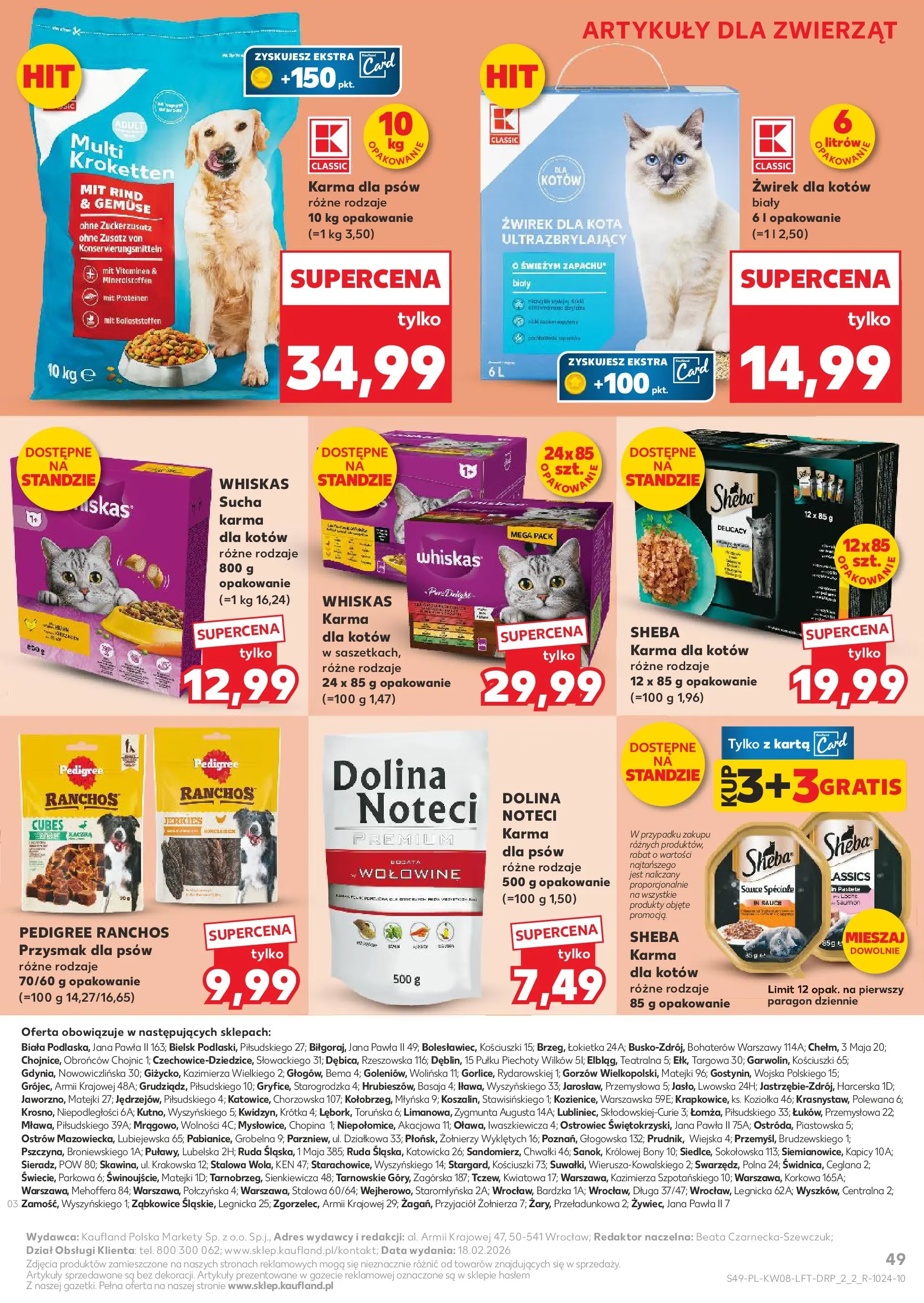 Kaufland gazetka od 19.02.2026 - od jutra PDF | Strona: 49 | Produkty: Karta, Żwirek dla kota, Pedigree, Karma dla psów