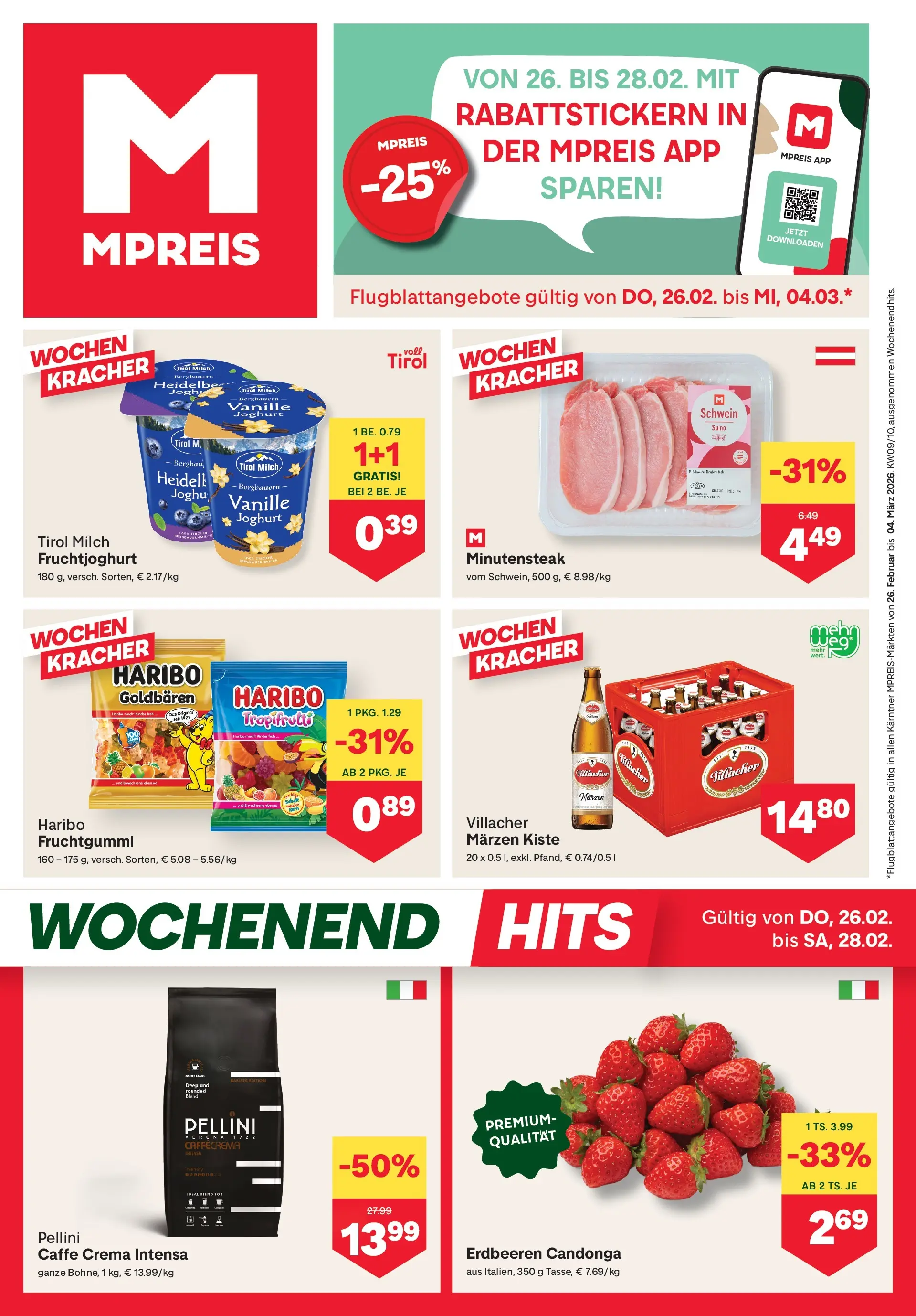 MPREIS Velden von 26.02.2026 - Aktuelle Angebote | Seite: 1 | Produkte: Erdbeeren, Milch, Joghurt