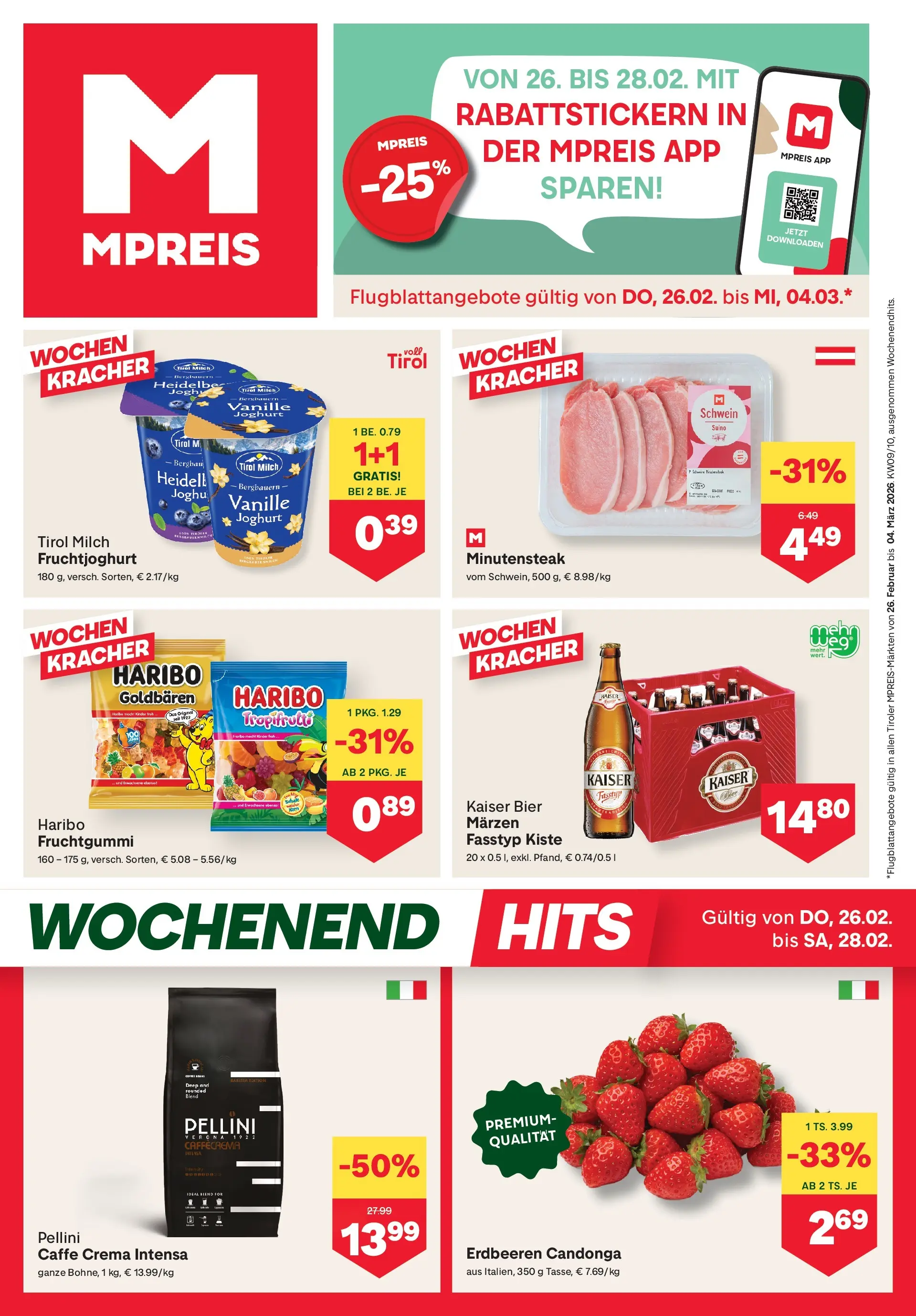 MPREIS Pfunds von 26.02.2026 - Aktuelle Angebote | Seite: 1 | Produkte: Erdbeeren, Milch, Joghurt, Bier