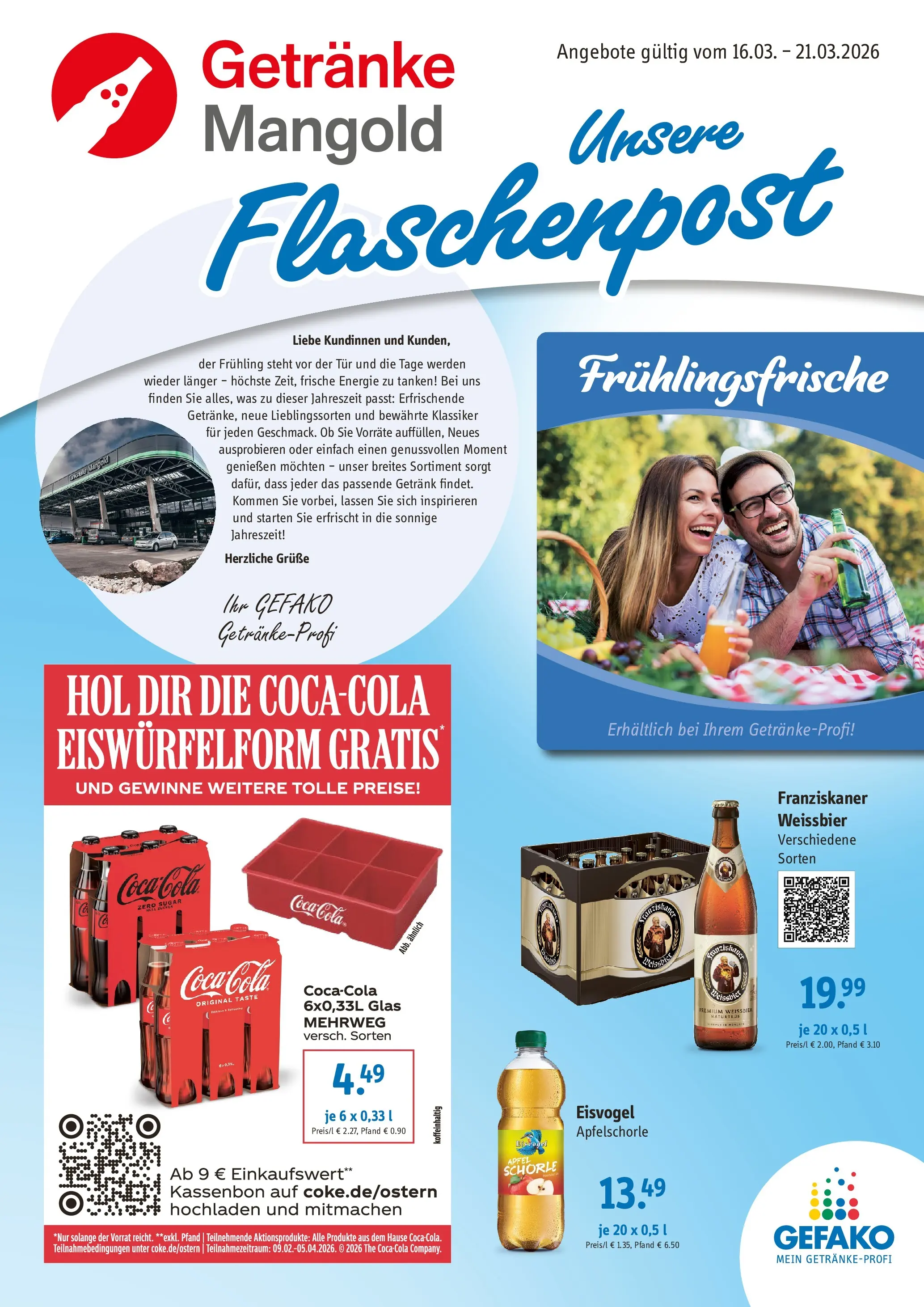 Angebote - Getränke Mangold: Angebote (ab 15.03.2026) zum Blättern | Seite: 1 | Produkte: Coca cola, Weißbier, Tür, Äpfel