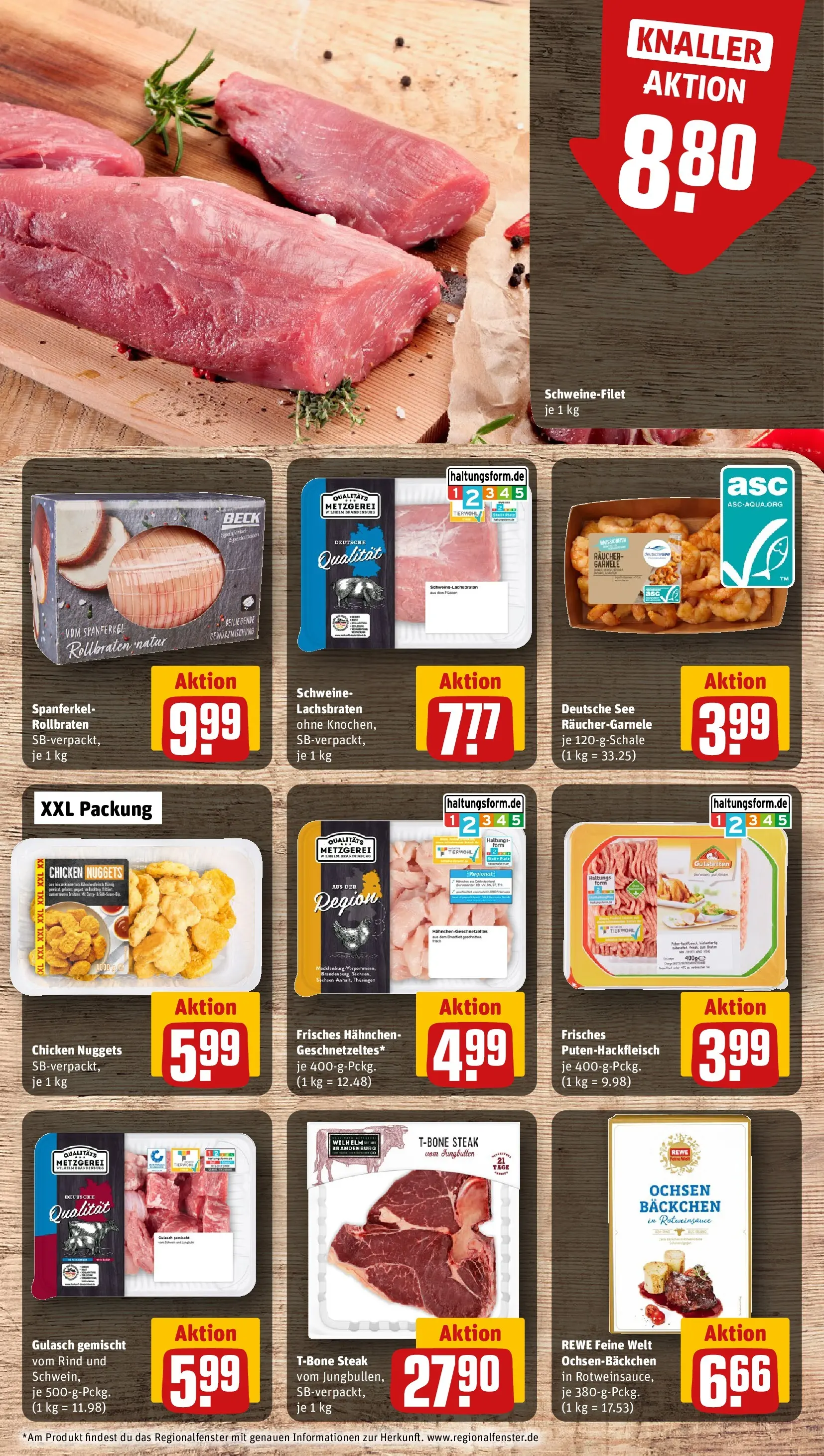 REWE Prospekt ab 22.02.2026 zum Blättern » Angebote | Seite: 8 | Produkte: Hahnchen, Schweinefilet, Gulasch, Steak